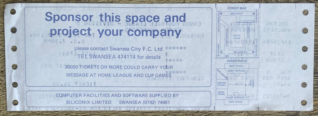 1984/85 ORIGINAL DIVISION 3 UNUSED TICKET SWANSEA CITY V BOLTON WANDERERS