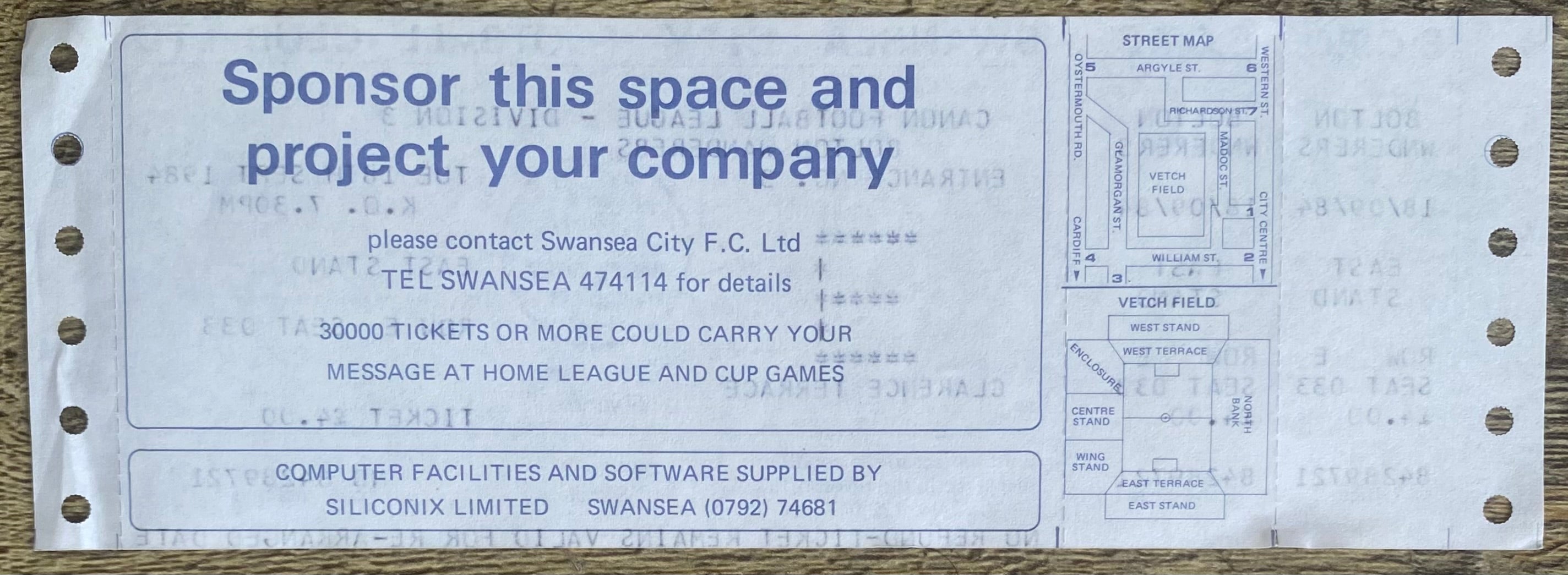 1984/85 ORIGINAL DIVISION 3 UNUSED TICKET SWANSEA CITY V BOLTON WANDERERS