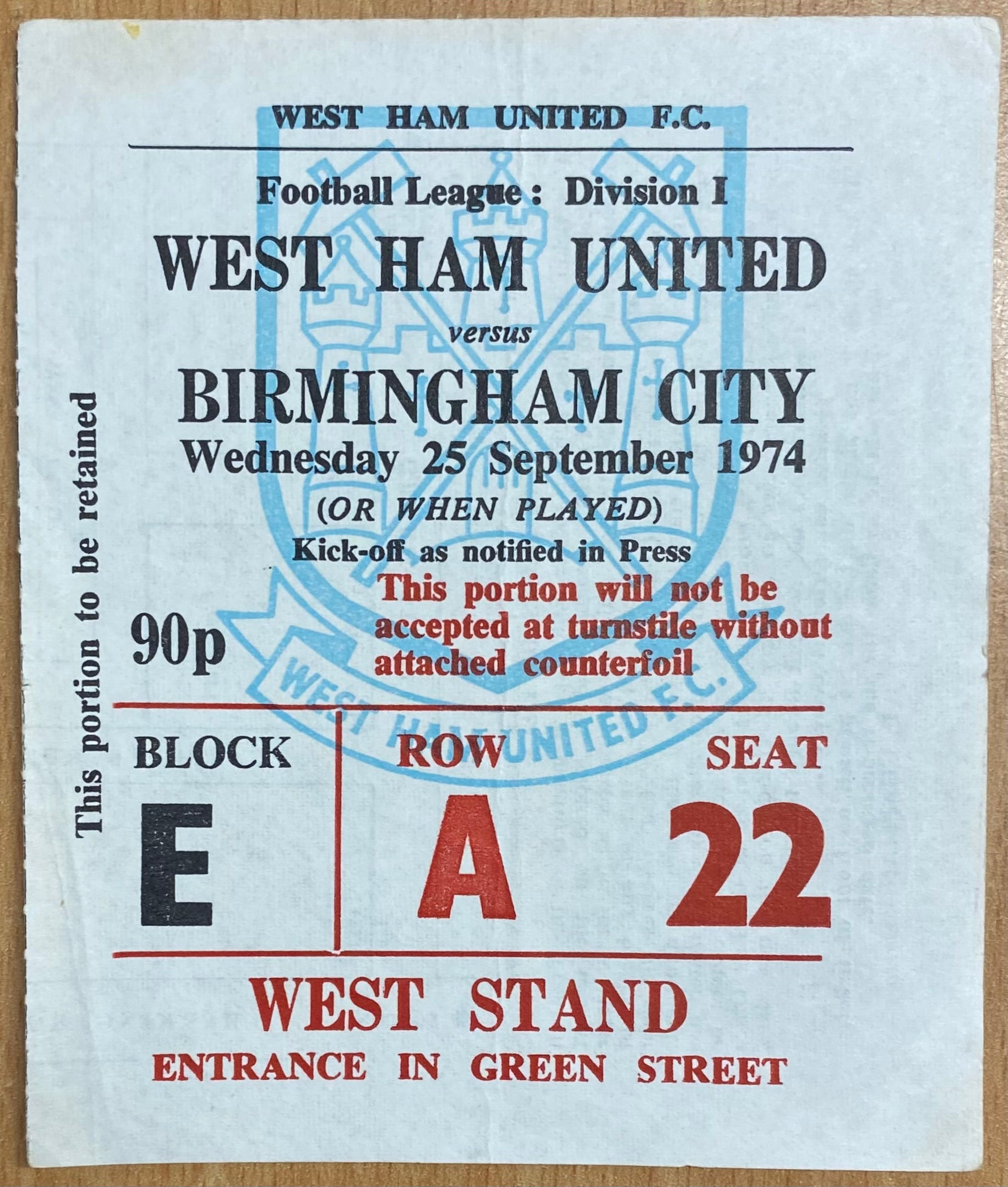 1974/75 ORIGINAL DIVISION ONE TICKET WEST HAM UNITED V BIRMINGHAM CITY