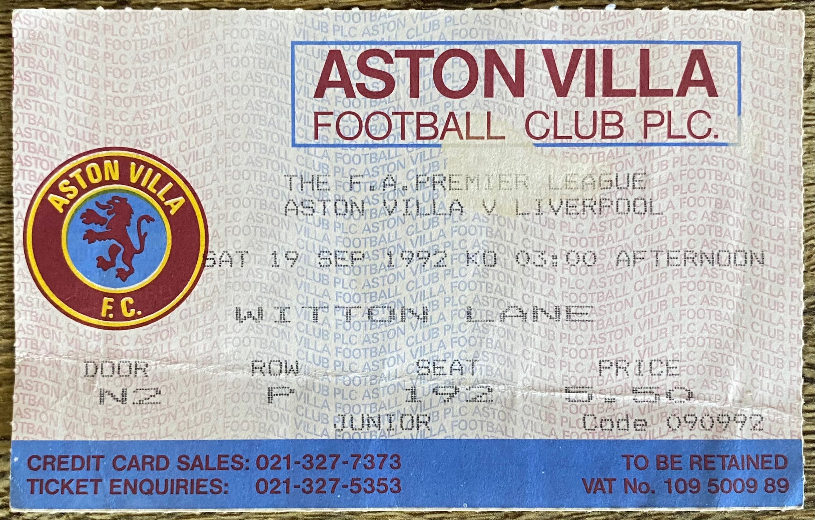 1992/93 ORIGINAL PREMIER LEAGUE TICKET ASTON VILLA V LIVERPOOL