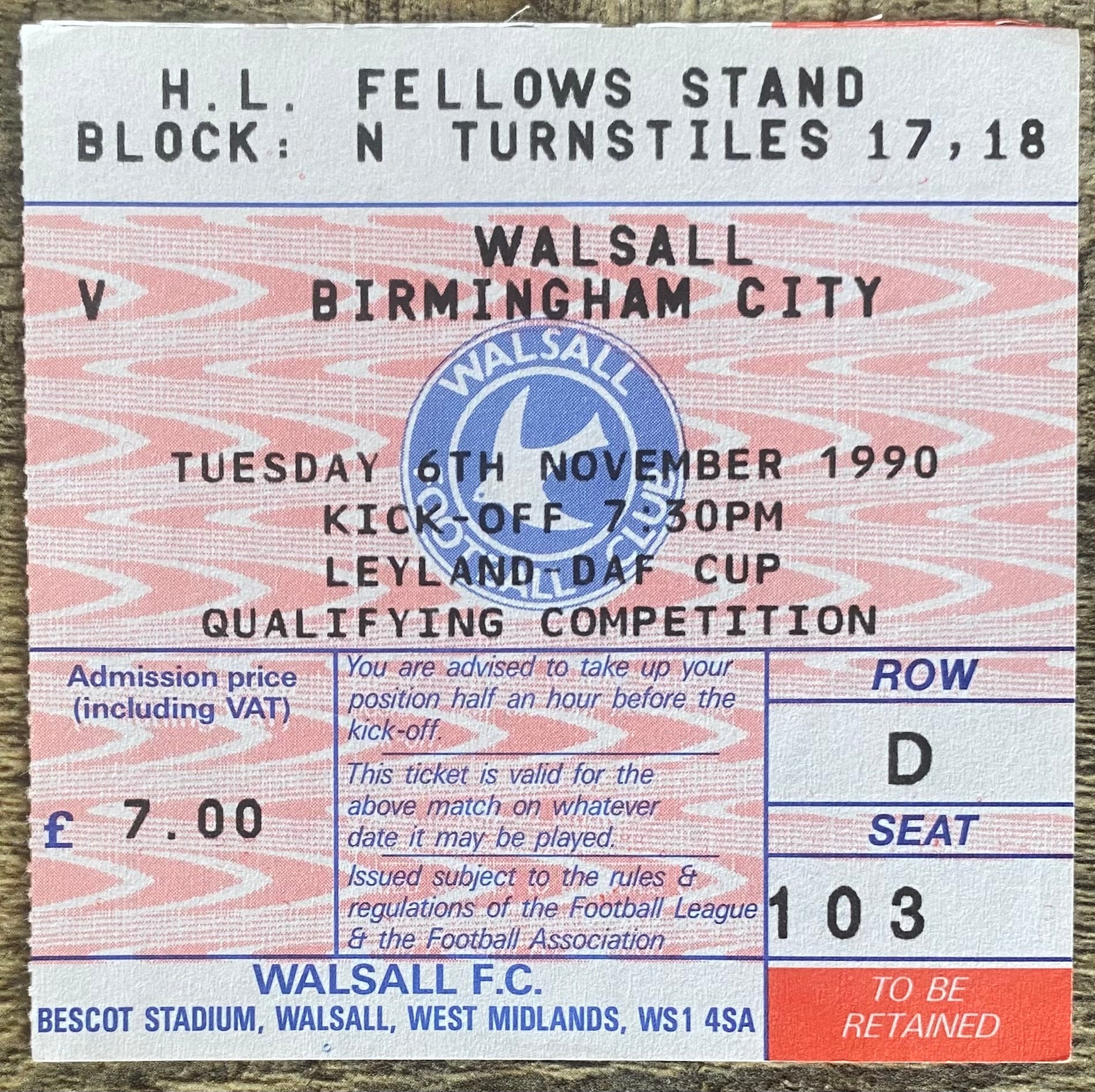 1990/91 ORIGINAL LEYLAND DAF QUALIFYING TICKET WALSALL V BIRMINGHAM CITY