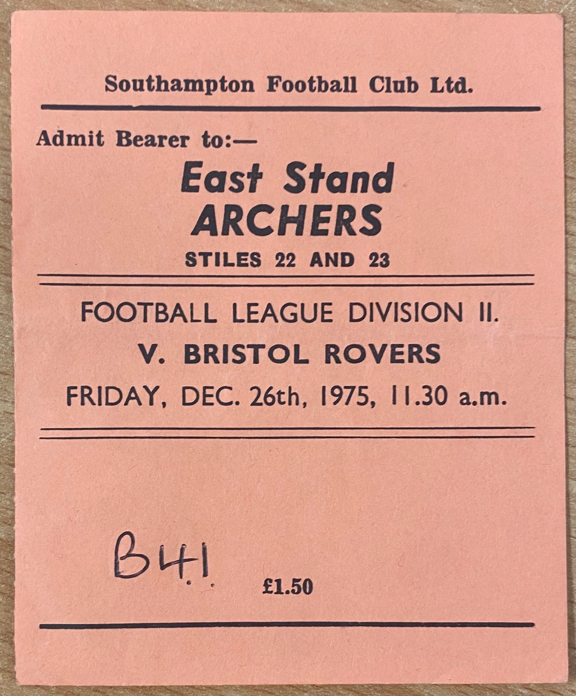 1975/76 ORIGINAL DIVISION 2 TICKET SOUTHAMPTON V BRISTOL ROVERS