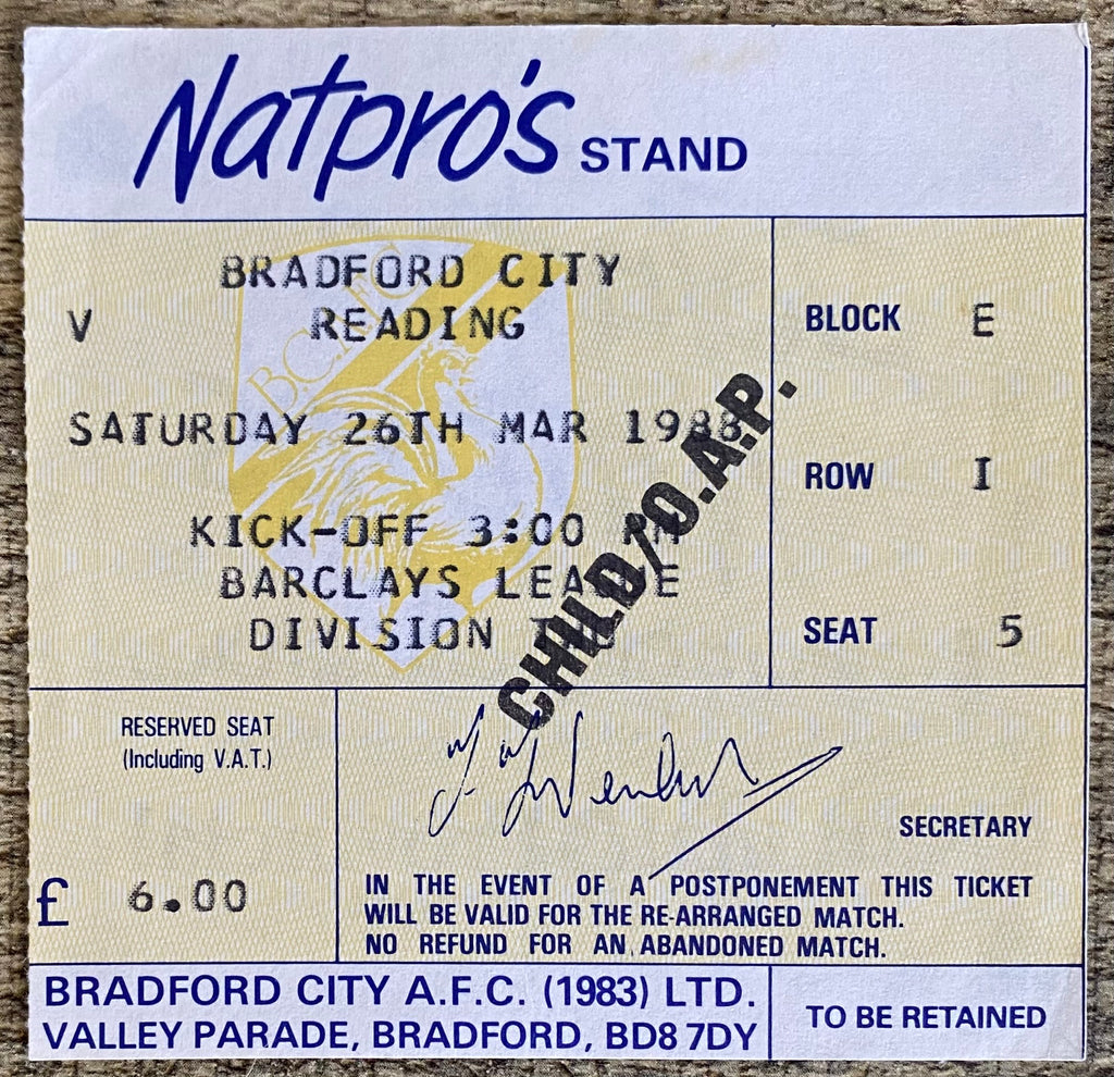 1987/88 ORIGINAL DIVISION 2 TICKET BRADFORD CITY V READING