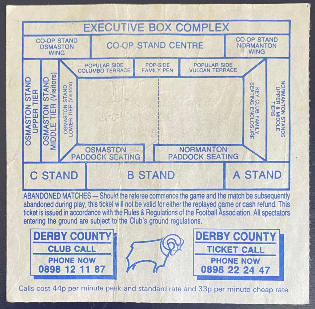 1990/91 ORIGINAL DIVISION 1 TICKET DERBY COUNTY V ASTON VILLA