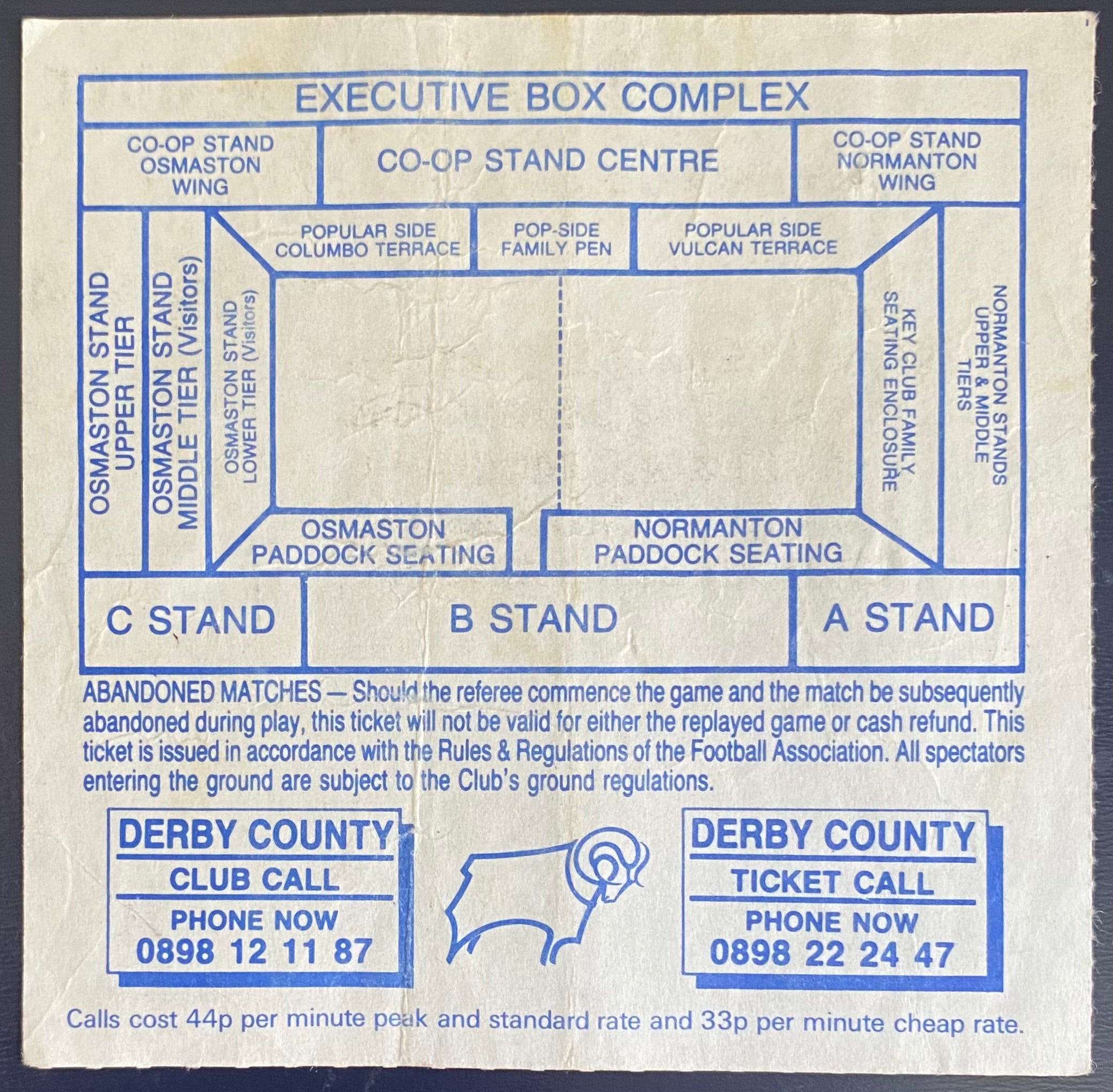 1990/91 ORIGINAL DIVISION 1 TICKET DERBY COUNTY V ASTON VILLA