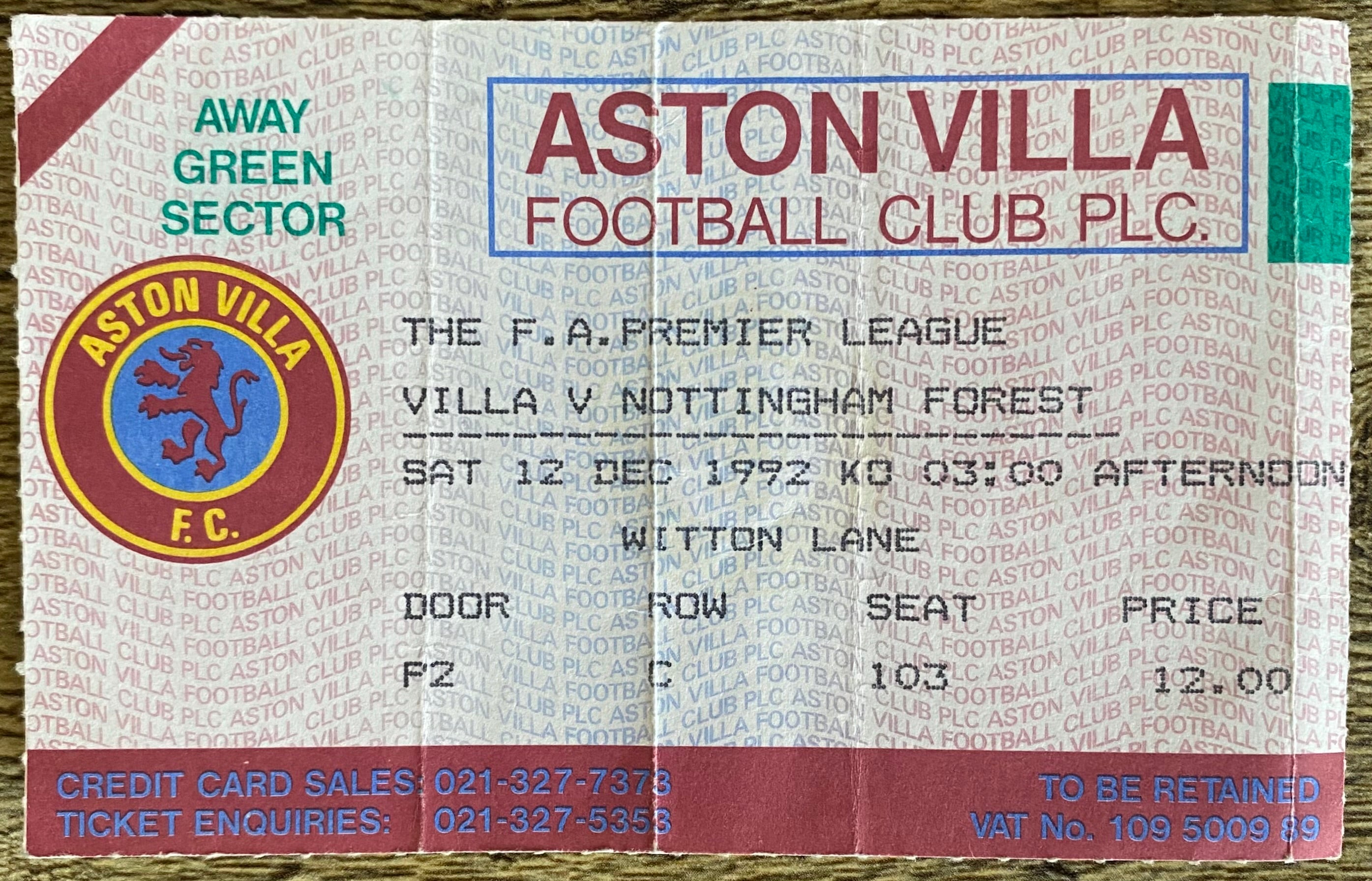 1992/93 ORIGINAL PREMIER LEAGUE TICKET ASTON VILLA V NOTTINGHAM FOREST