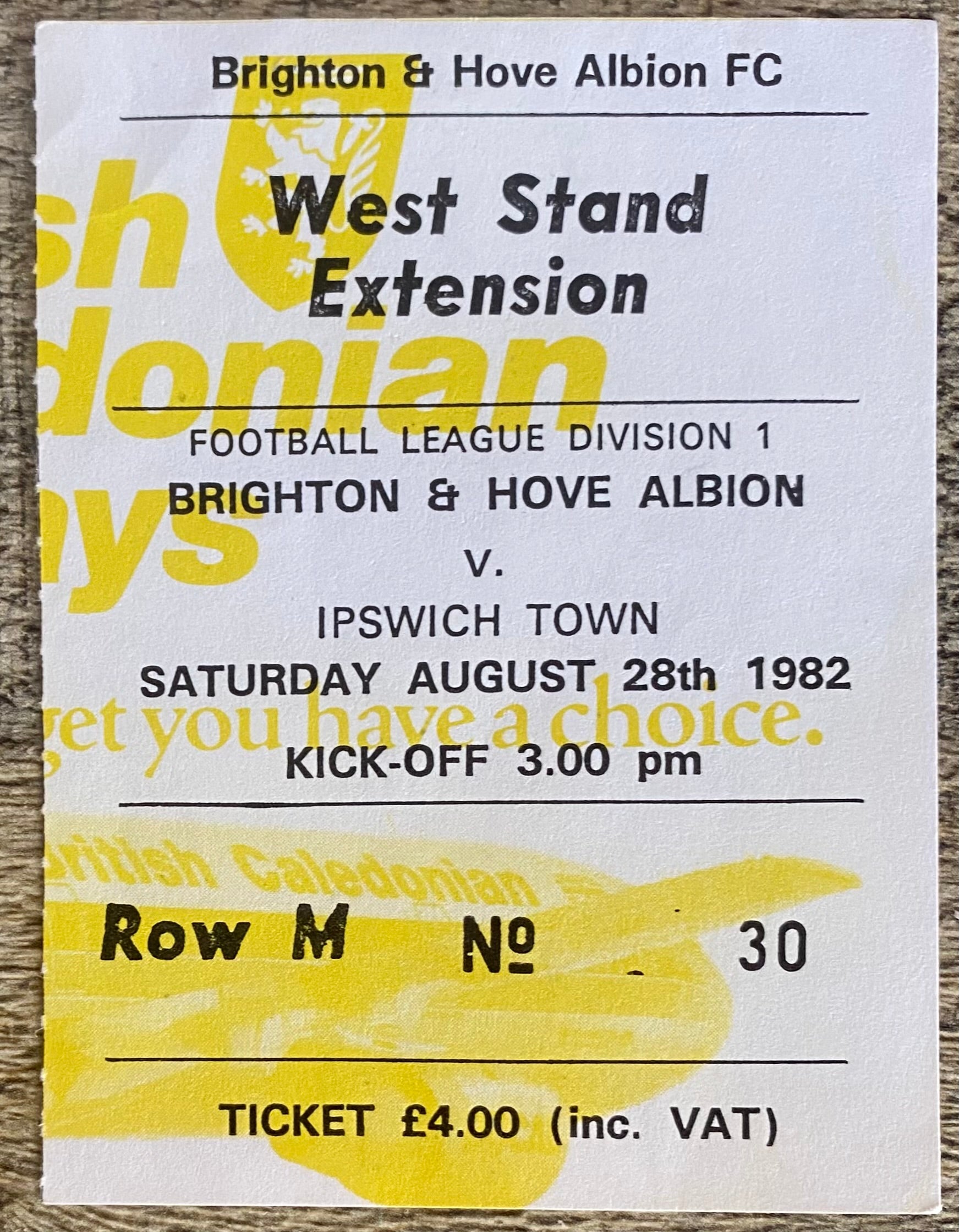 1982/83 ORIGINAL DIVISION 1 TICKET BRIGHTON AND HOVE ALBION V IPSWICH TOWN