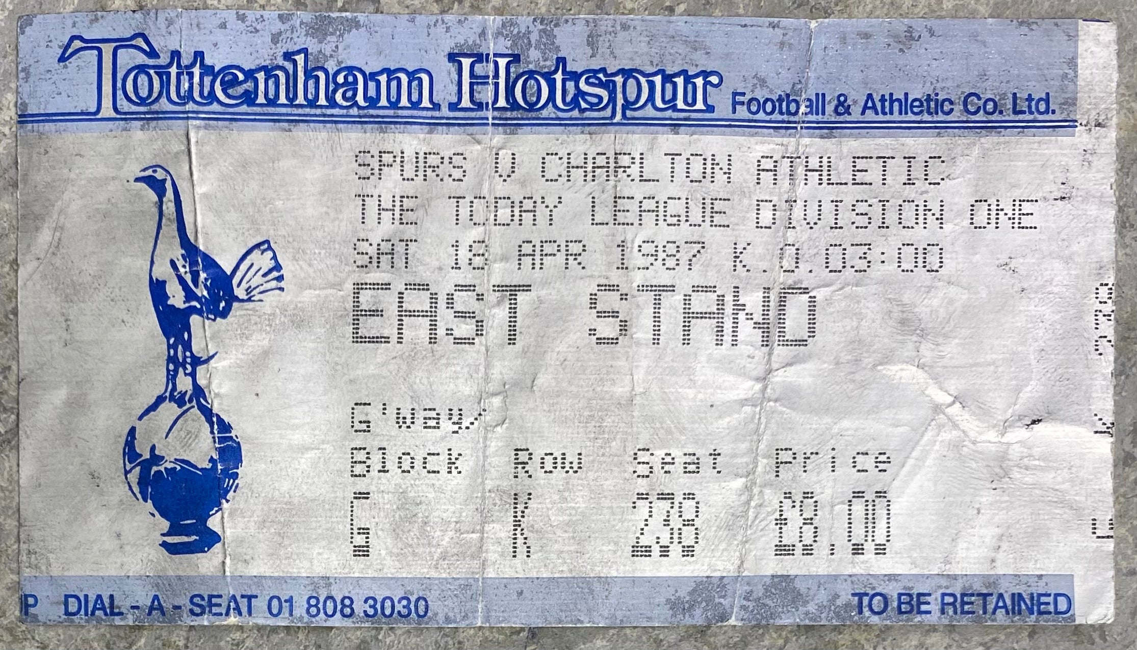 1986/87 ORIGINAL DIVISION ONE TICKET TOTTENHAM HOTSPUR V CHARLTON ATHLETIC