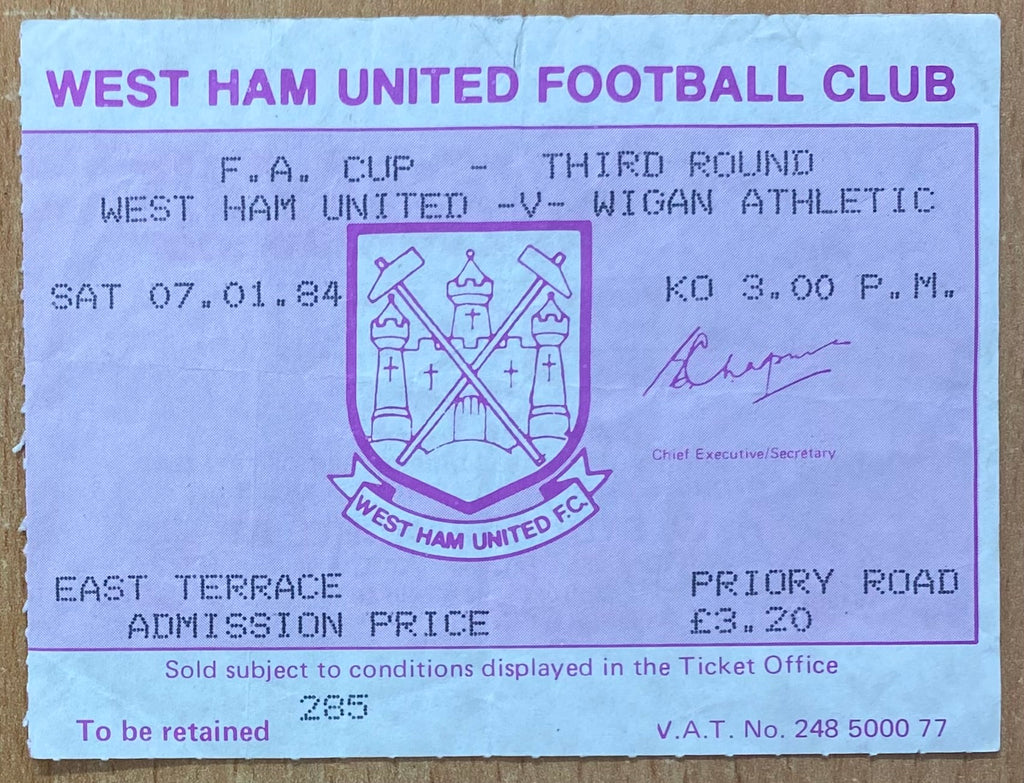 1983/84 ORIGINAL FA CUP 3RD ROUND TICKET WEST HAM UNITED V WIGAN ATHLETIC
