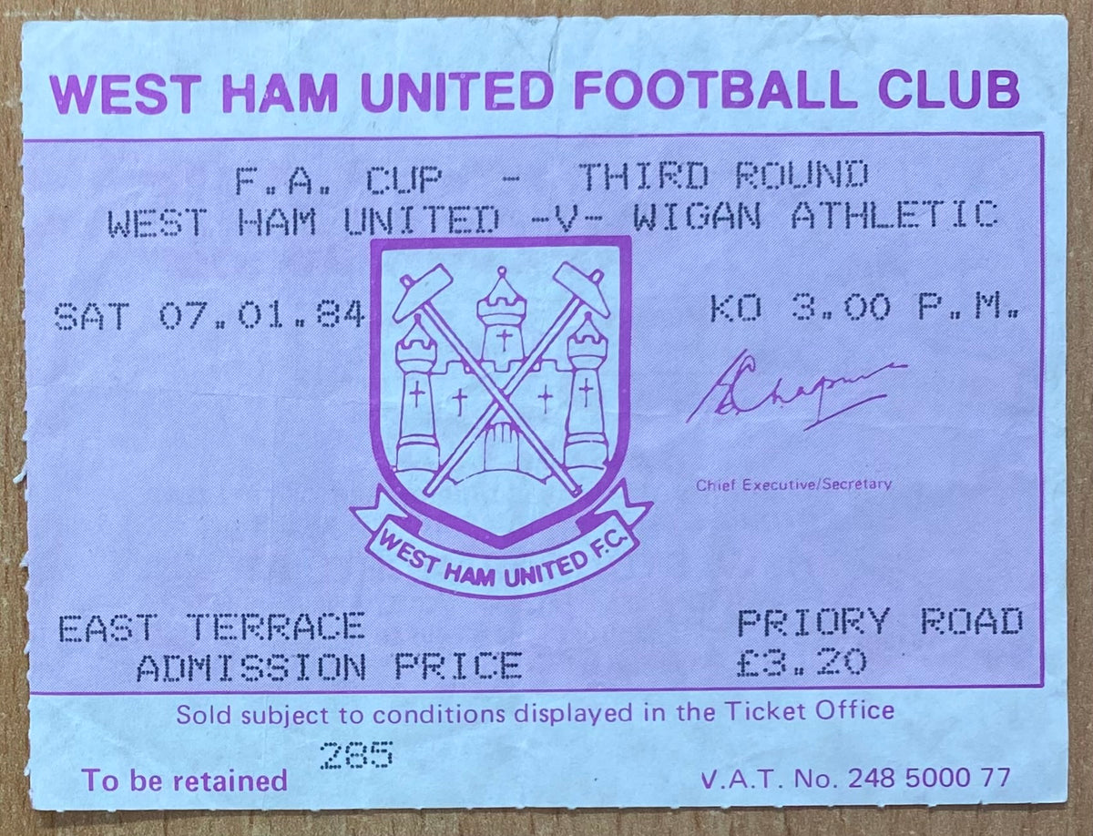 1983/84 ORIGINAL FA CUP 3RD ROUND TICKET WEST HAM UNITED V WIGAN ATHLETIC
