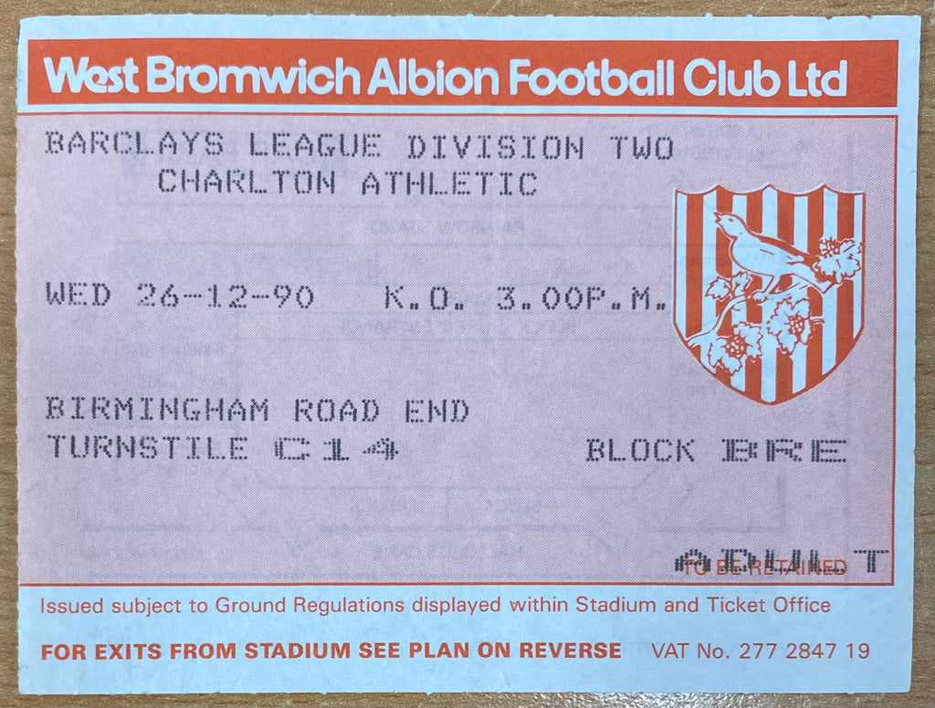 1990/91 ORIGINAL DIVISION 2 TICKET WEST BROMWICH ALBION V CHARLTON ATHLETIC