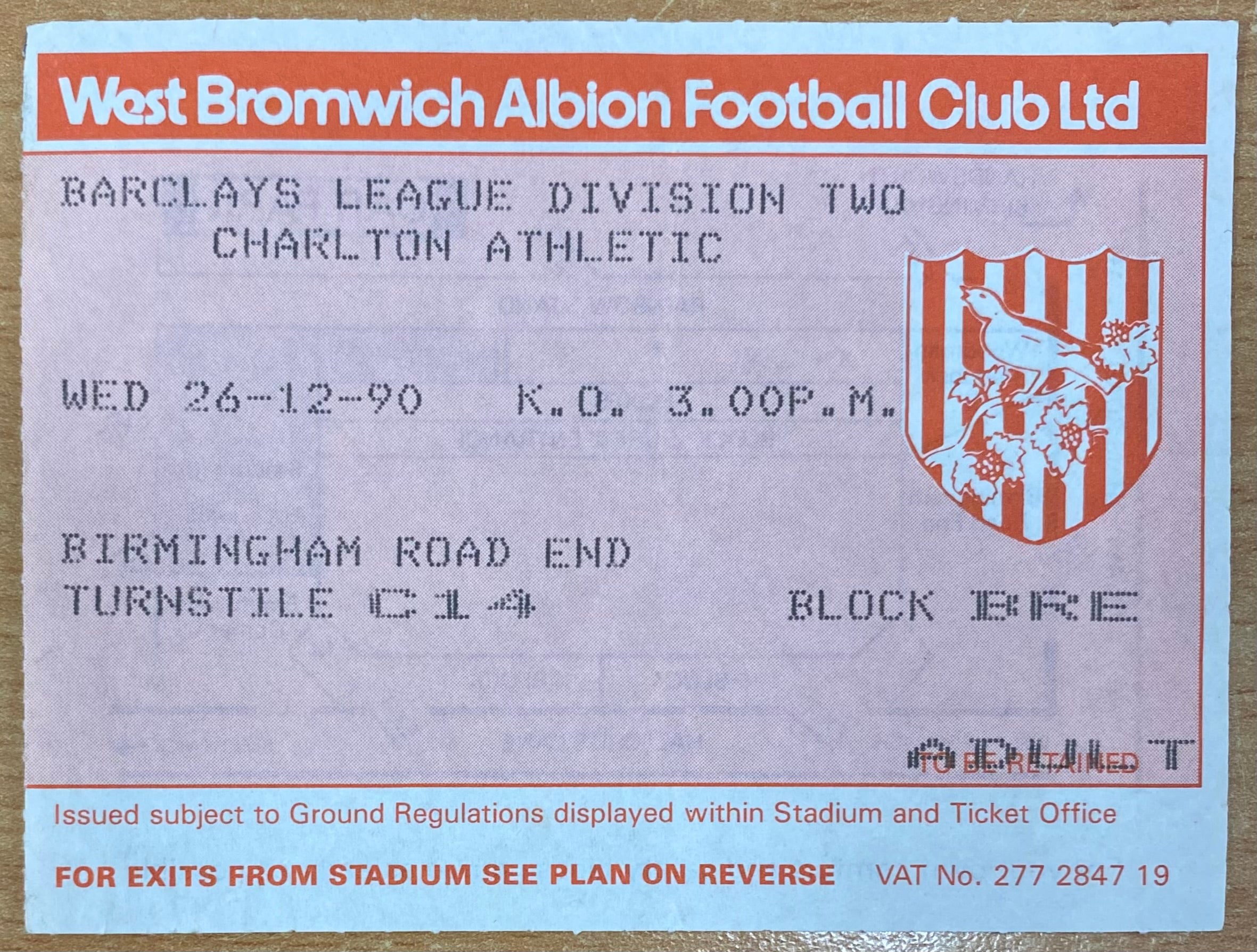 1990/91 ORIGINAL DIVISION 2 TICKET WEST BROMWICH ALBION V CHARLTON ATHLETIC