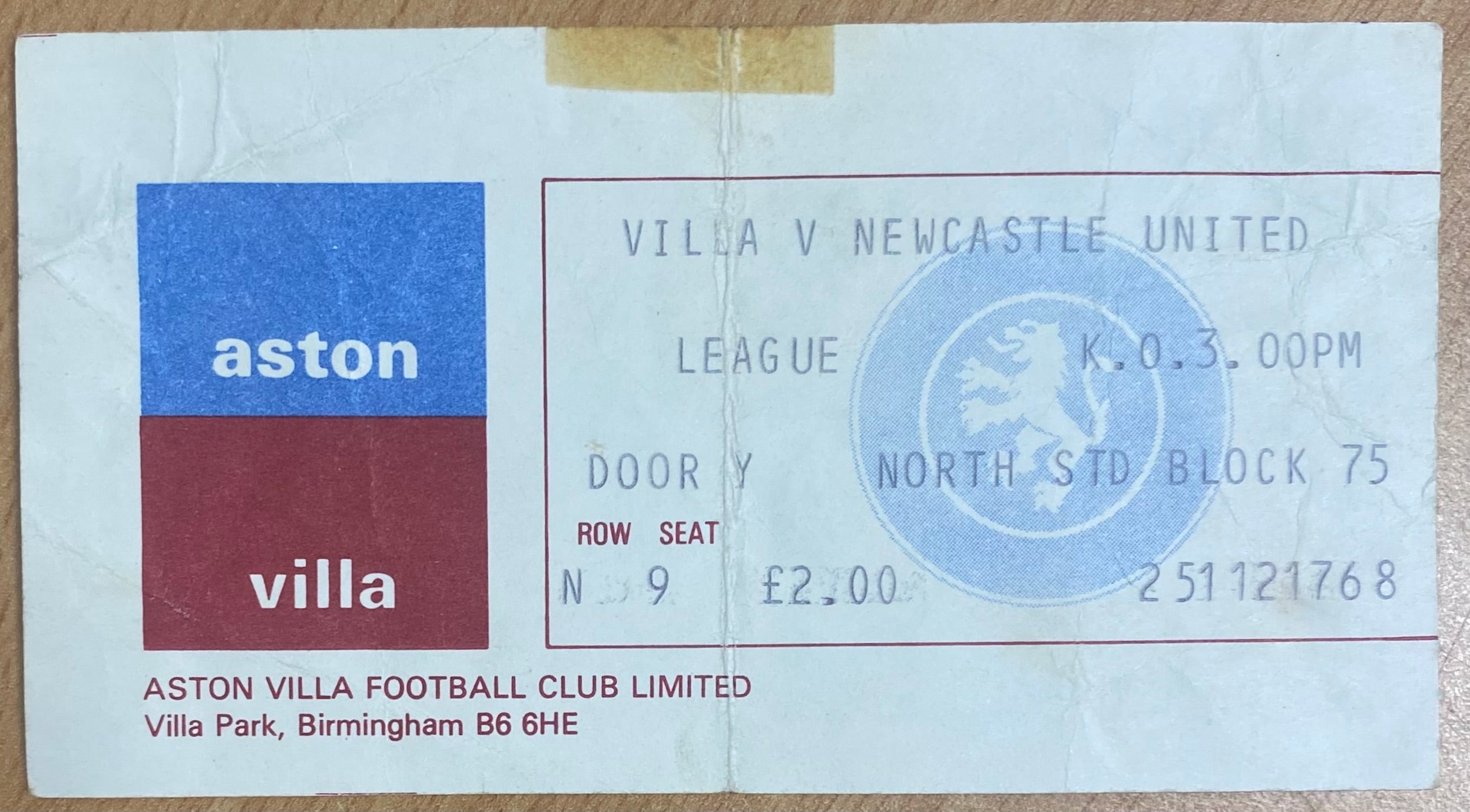 1977/78 ORIGINAL DIVISION 1 TICKET ASTON VILLA V NEWCASTLE UNITED
