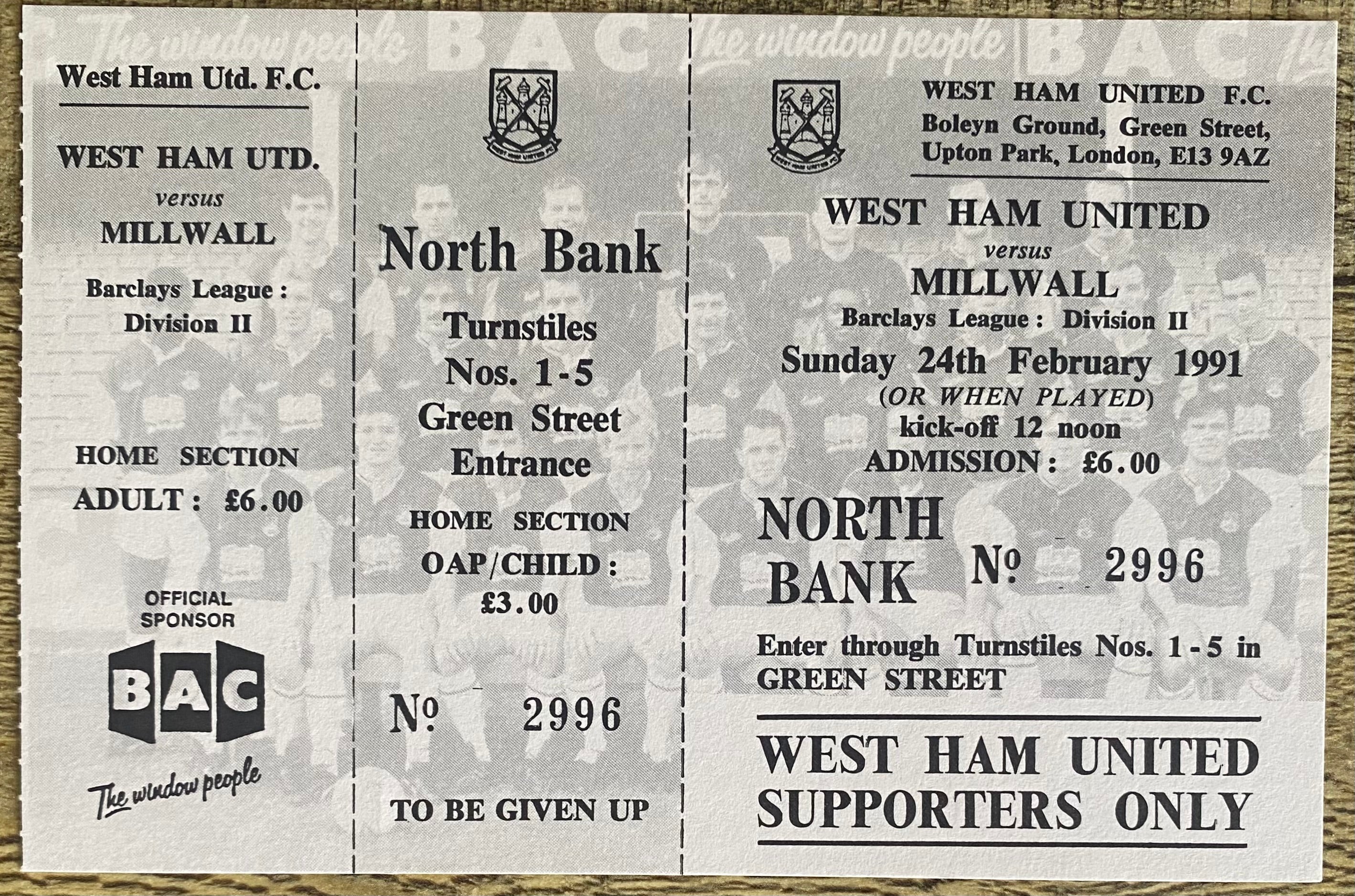 1990/91 ORIGINAL DIVISION 2 UNUSED TICKET WEST HAM UNITED V MILLWALL