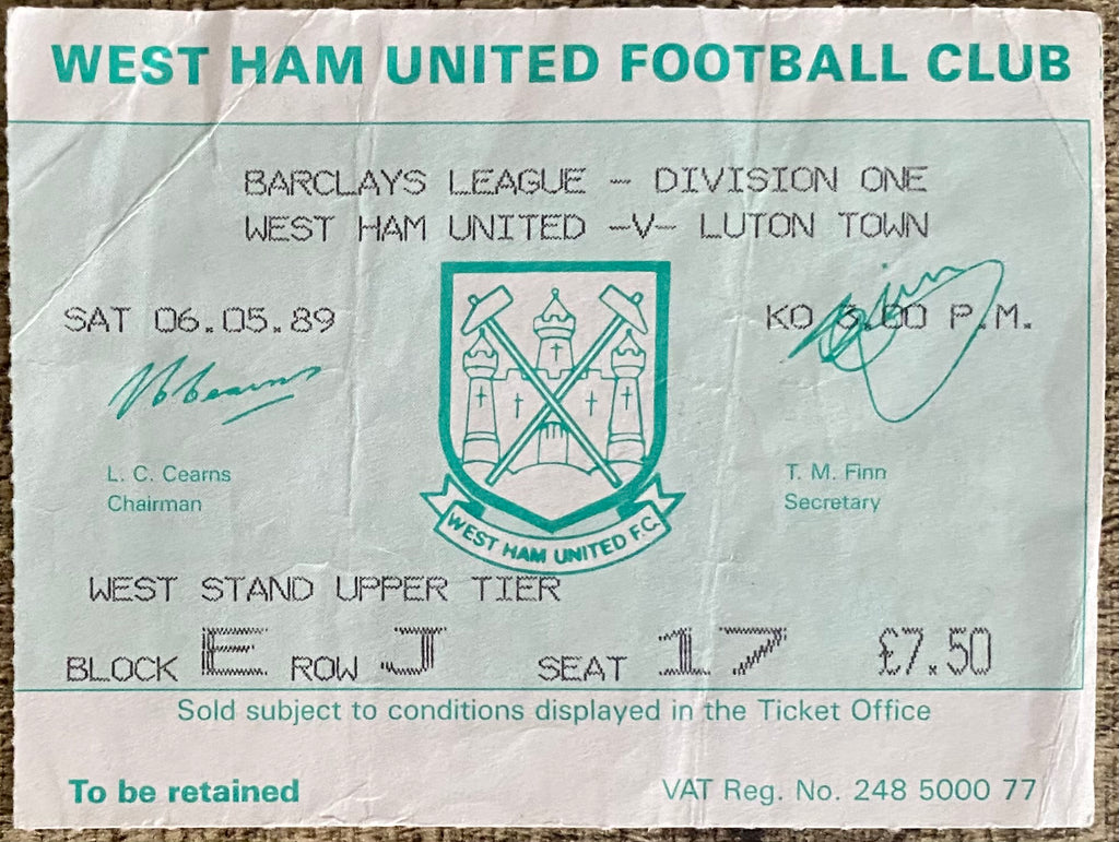 1988/89 ORIGINAL DIVISION ONE TICKET WEST HAM UNITED V LUTON TOWN