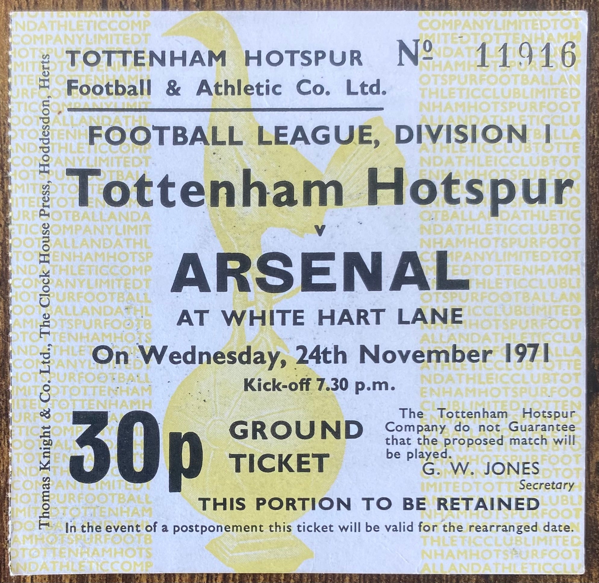 1971/72 ORIGINAL DIVISION ONE TICKET TOTTENHAM HOTSPUR V ARSENAL