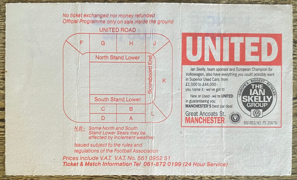 1992/93 ORIGINAL PREMIER LEAGUE TICKET  MANCHESTER UNITED V CHELSEA