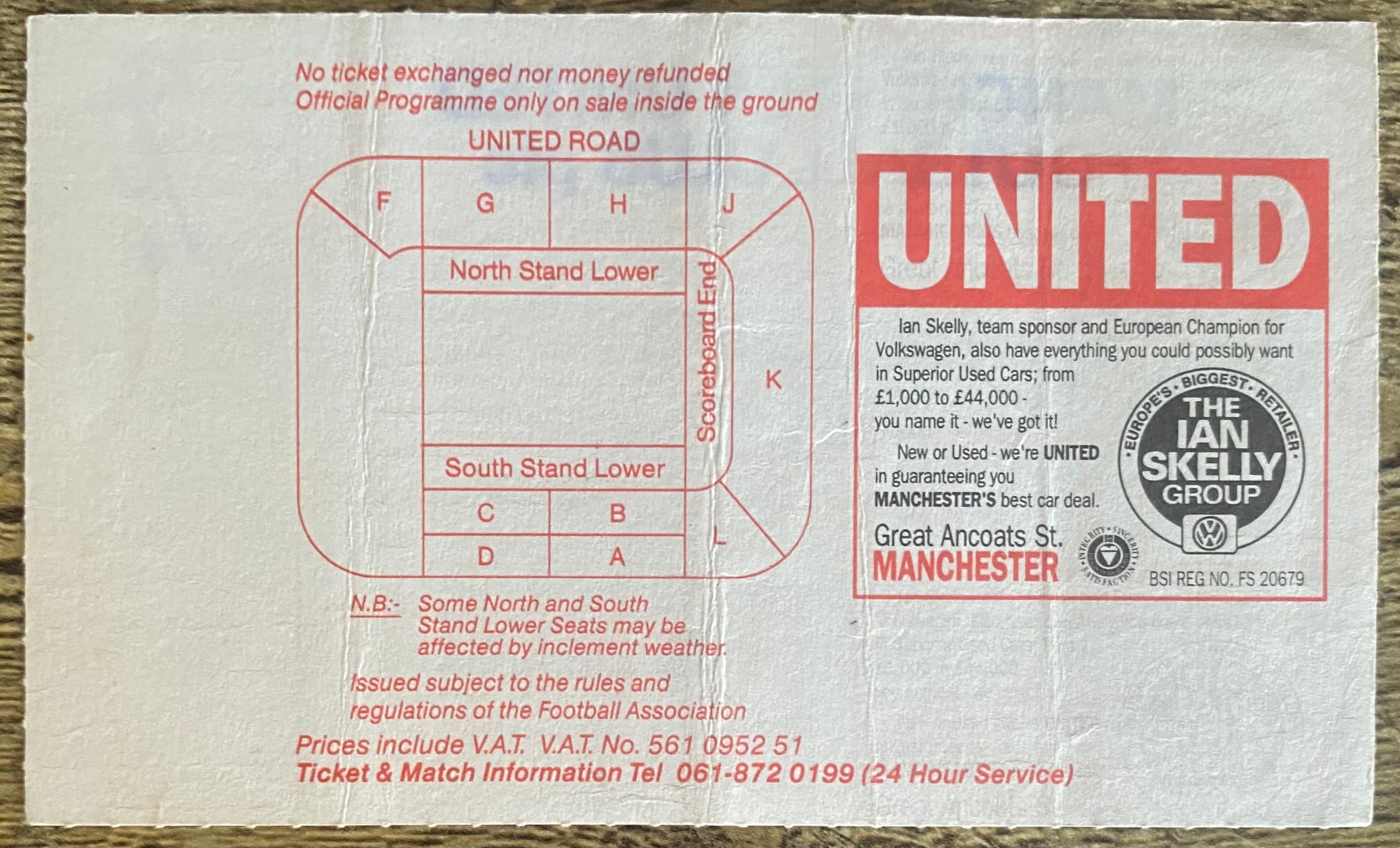 1992/93 ORIGINAL PREMIER LEAGUE TICKET  MANCHESTER UNITED V CHELSEA