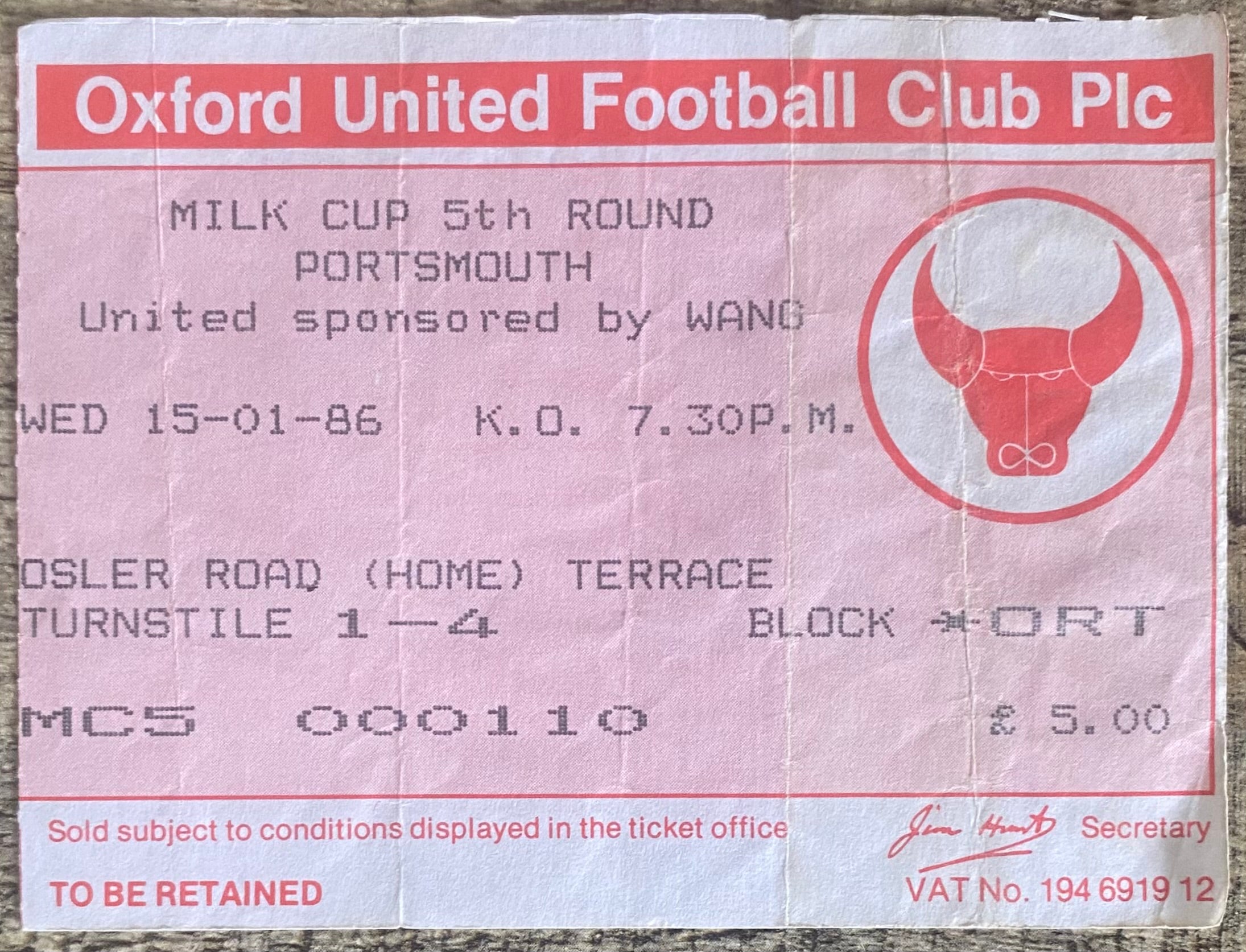 1985/86 ORIGINAL MILK CUP 5TH ROUND TICKET OXFORD UNITED V PORTSMOUTH