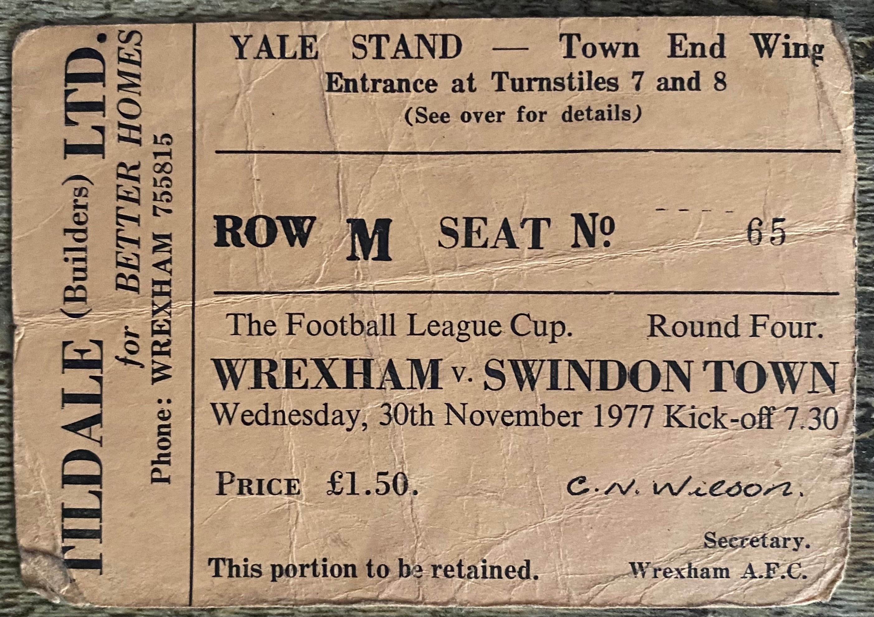 1977/78 ORIGINAL LEAGUE CUP 4TH ROUND TICKET WREXHAM V SWINDON TOWN