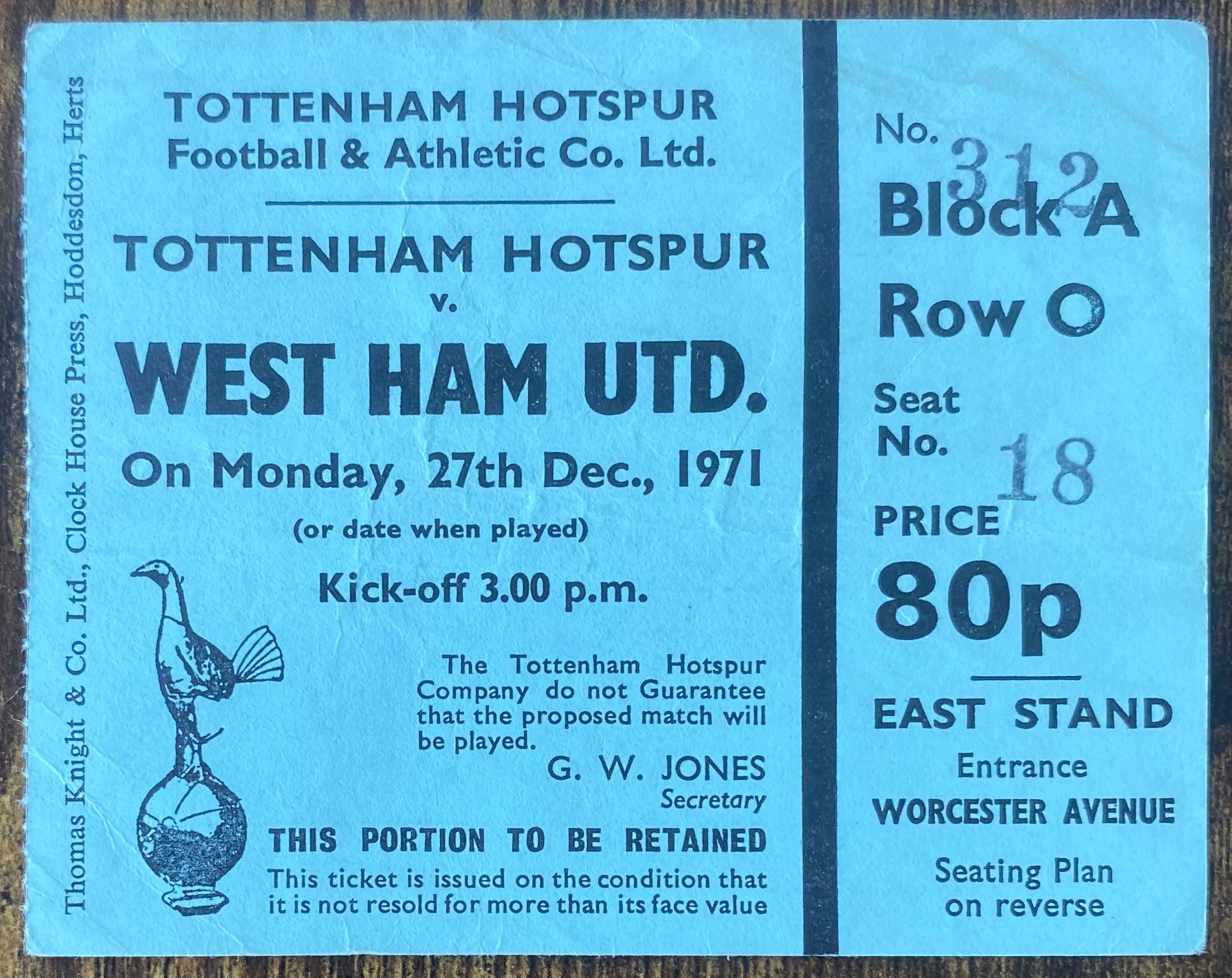 1971/72 ORIGINAL DIVISION ONE TICKET TOTTENHAM HOTSPUR V WEST HAM UNITED