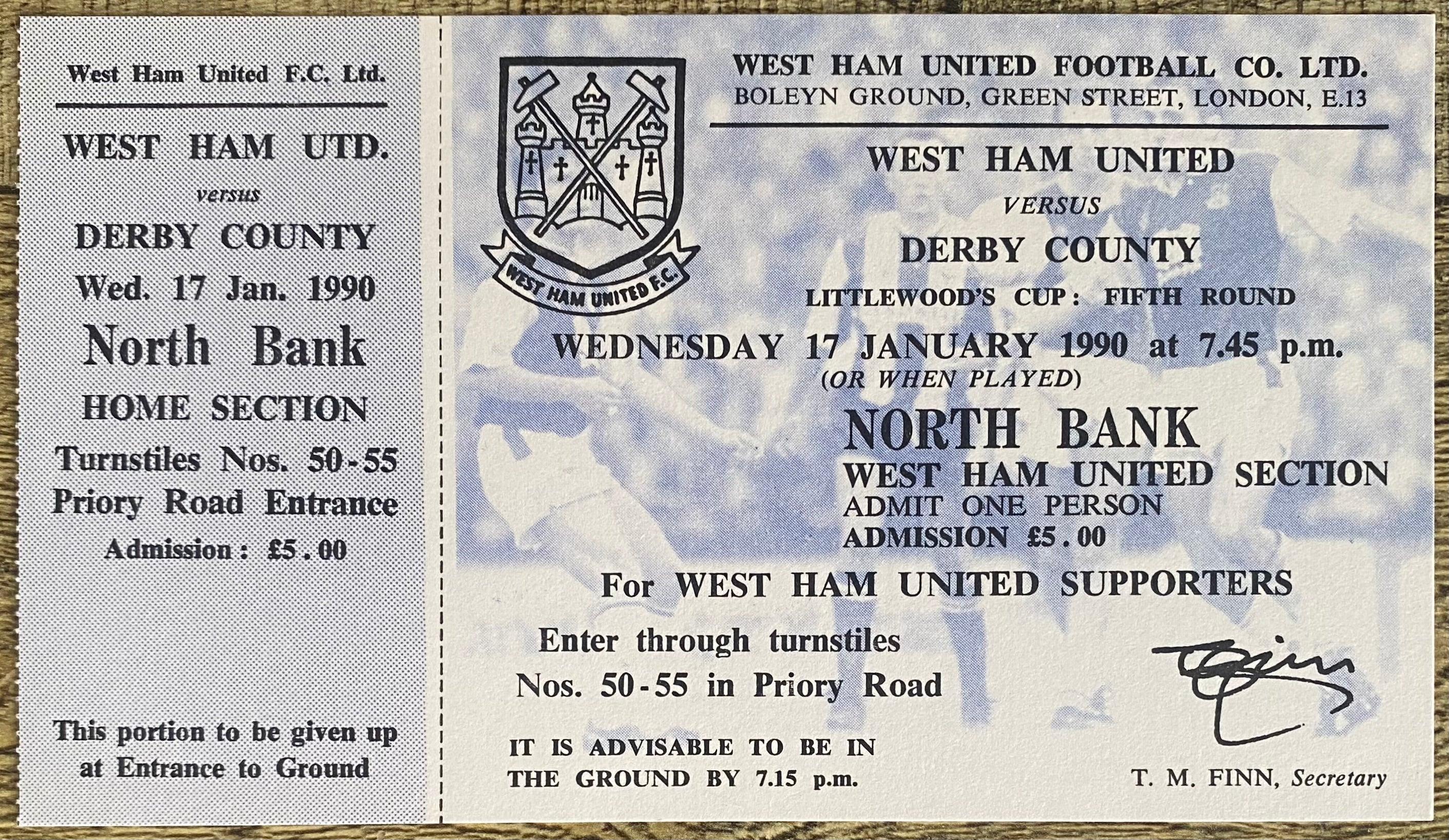 1989/90 ORIGINAL LITTLEWOODS CUP 5TH ROUND UNUSED TICKET WEST HAM UNITED V DERBY COUNTY