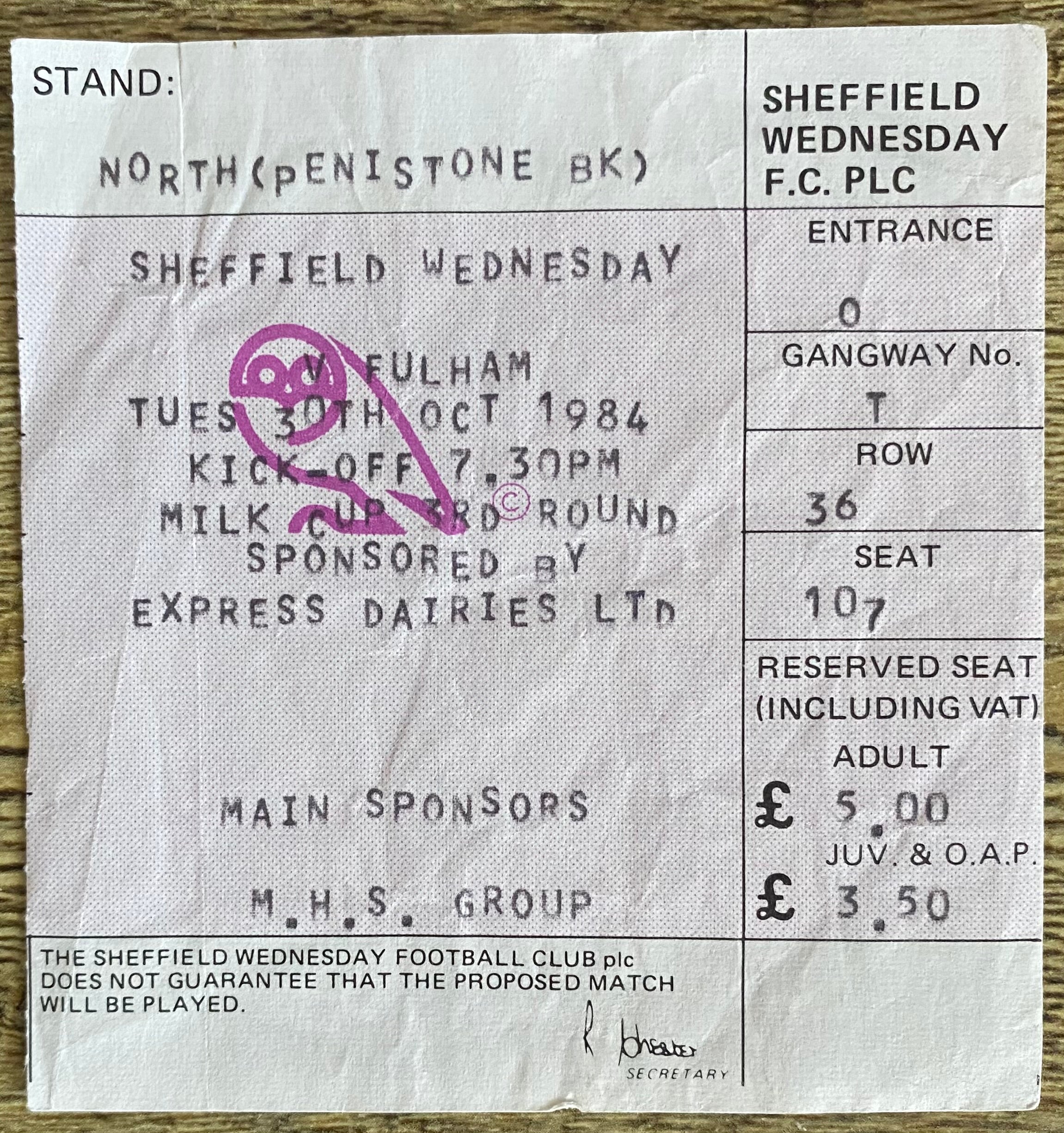 1984/85 ORIGINAL MILK CUP 3RD ROUND TICKET SHEFFIELD WEDNESDAY V FULHAM