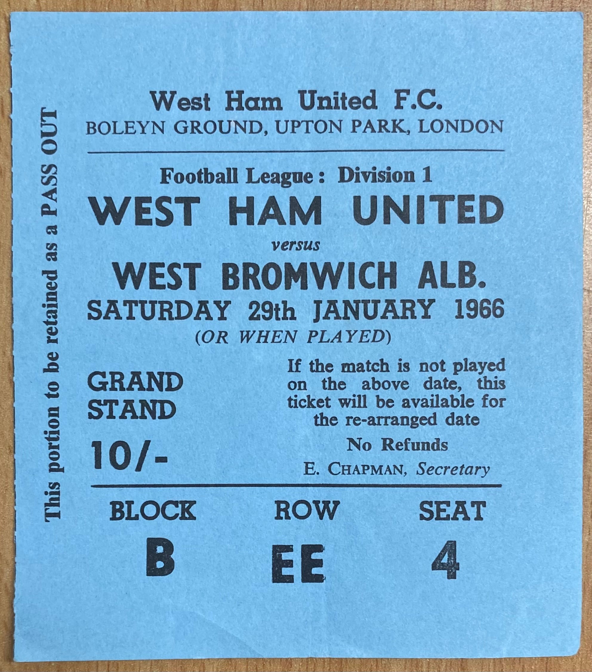 1965/66 ORIGINAL DIVISION ONE TICKET WEST HAM UNITED V WEST BROMWICH ALBION