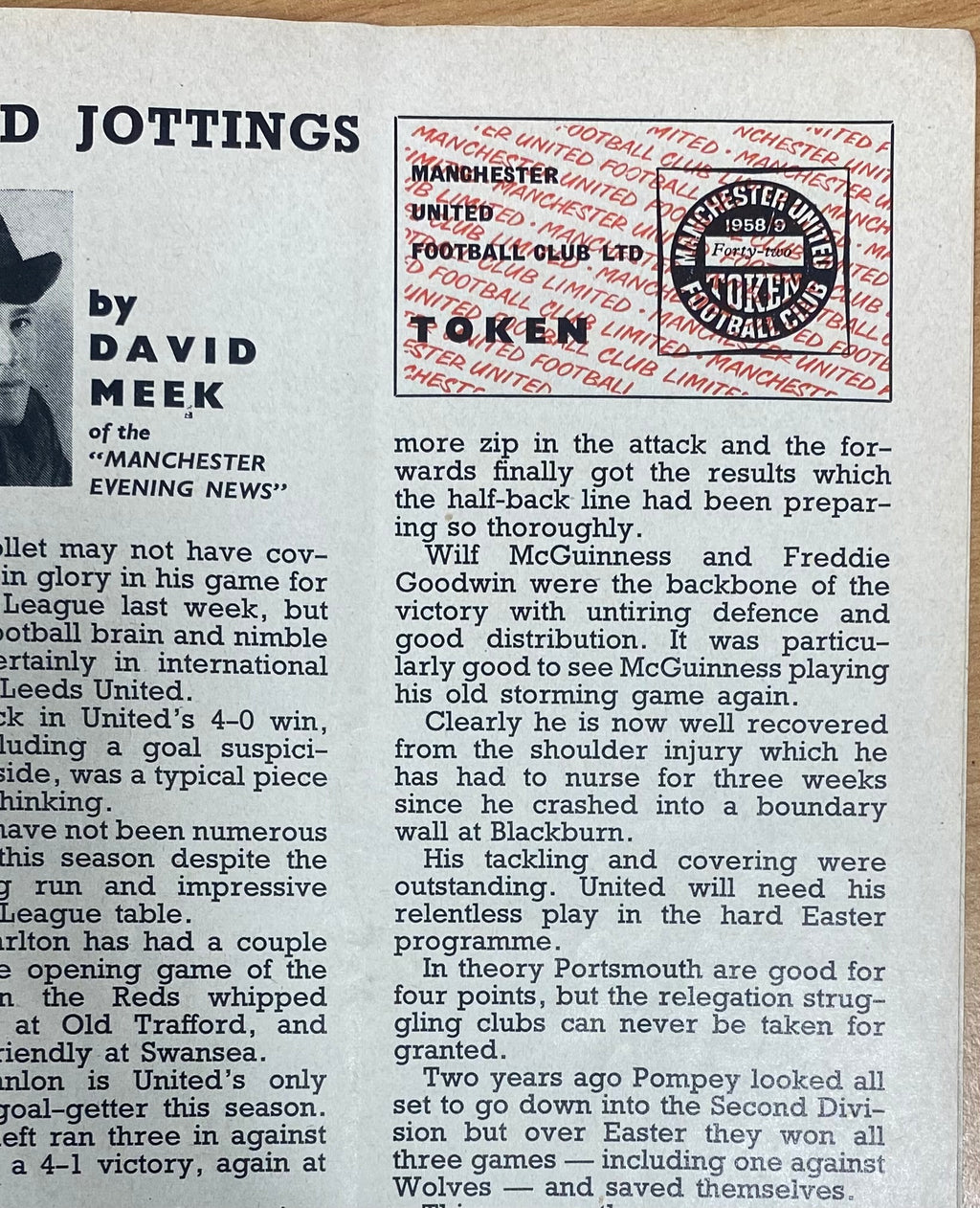 1958/59 ORIGINAL DIVISION ONE PROGRAMME MANCHESTER UNITED V PORTSMOUTH