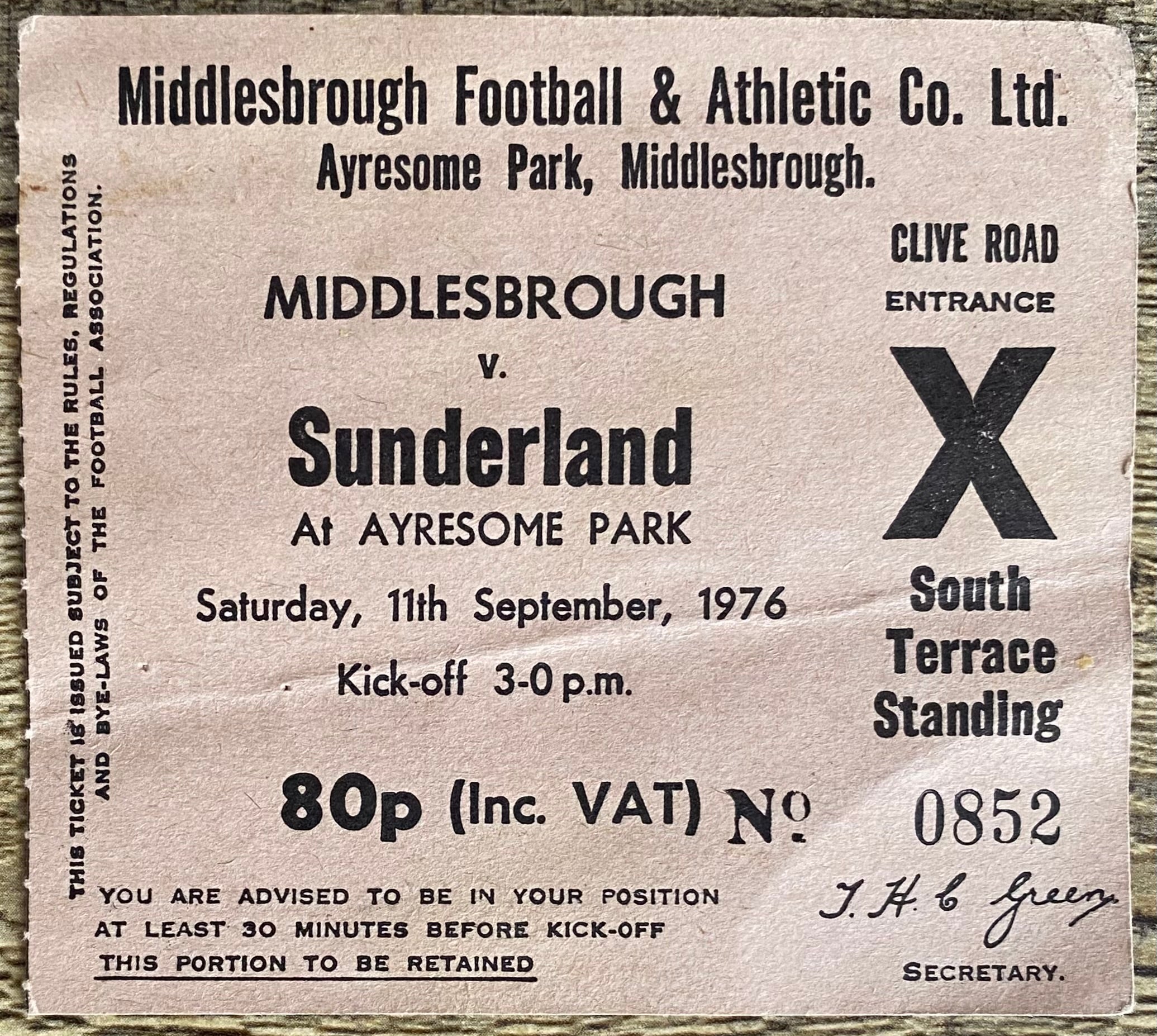 1976/77 ORIGINAL DIVISION 1 TICKET MIDDLESBROUGH V SUNDERLAND