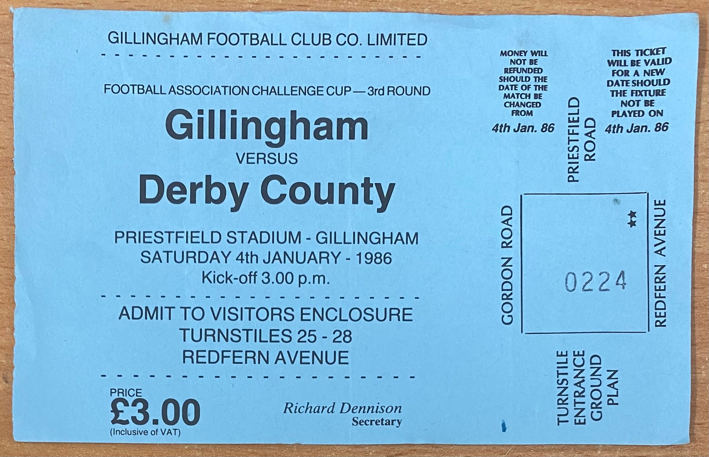 1985/86 ORIGINAL FA CUP 3RD ROUND TICKET GILLINGHAM V DERBY COUNTY