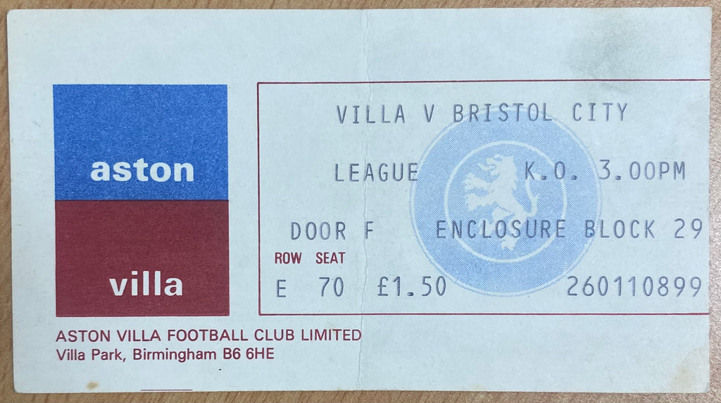 1977/78 ORIGINAL DIVISION 1 TICKET ASTON VILLA V BRISTOL CITY