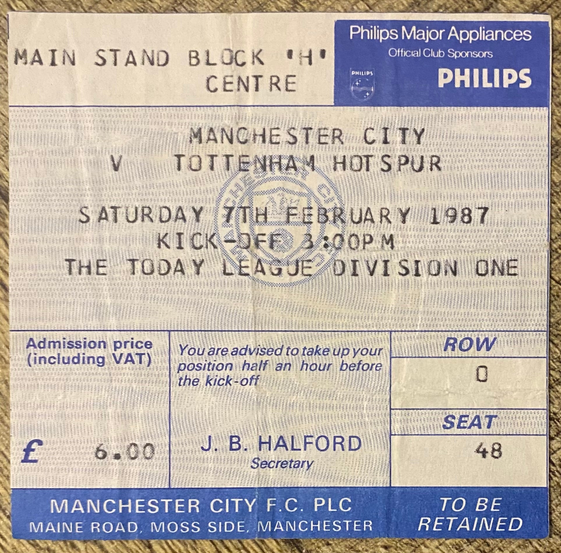 1986/87 ORIGINAL DIVISION 1 TICKET MANCHESTER CITY V TOTTENHAM HOTSPUR