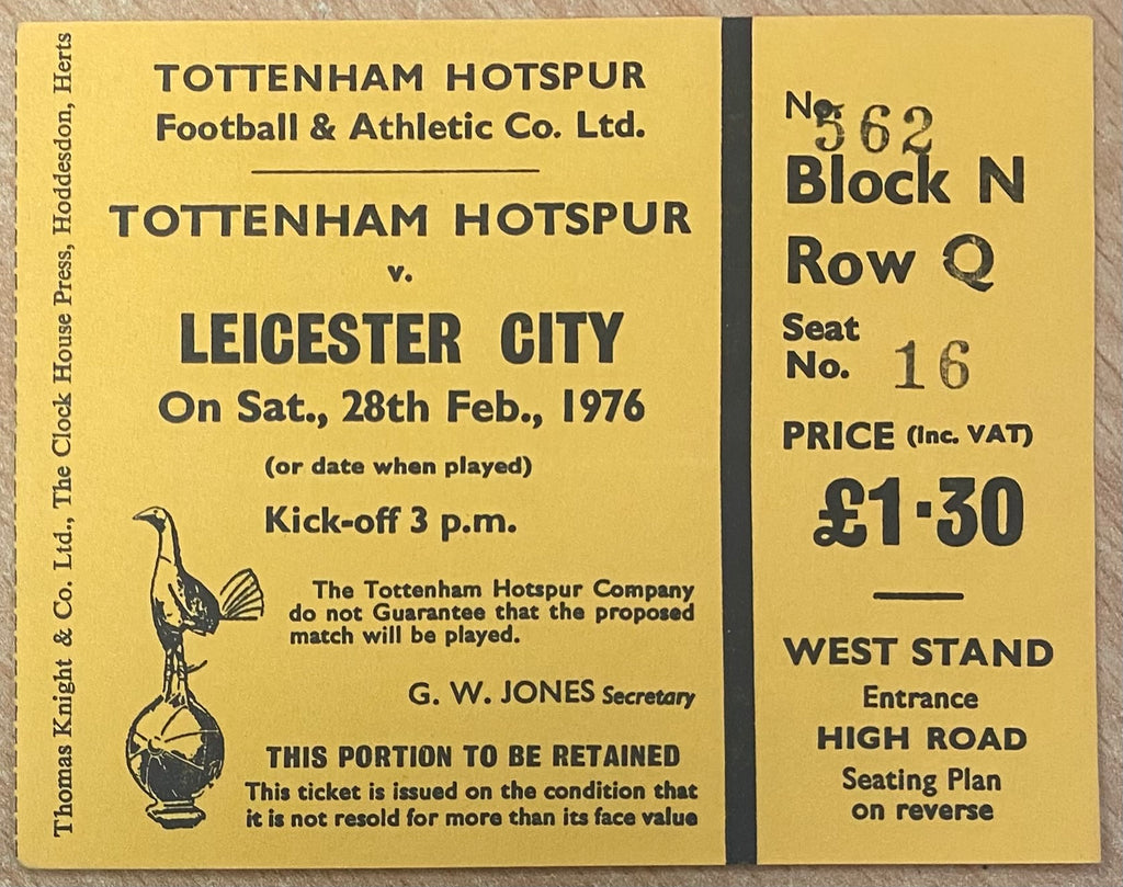 1975/76 ORIGINAL DIVISION ONE TICKET TOTTENHAM HOTSPUR V LEICESTER CITY