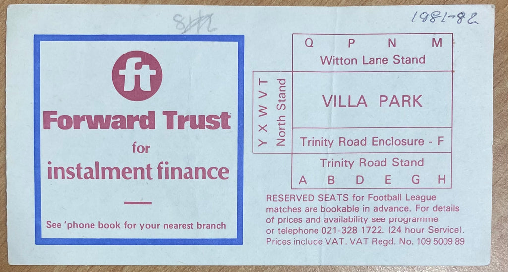 1981/82 ORIGINAL DIVISION 1 TICKET ASTON VILLA V WEST BROMWICH ALBION
