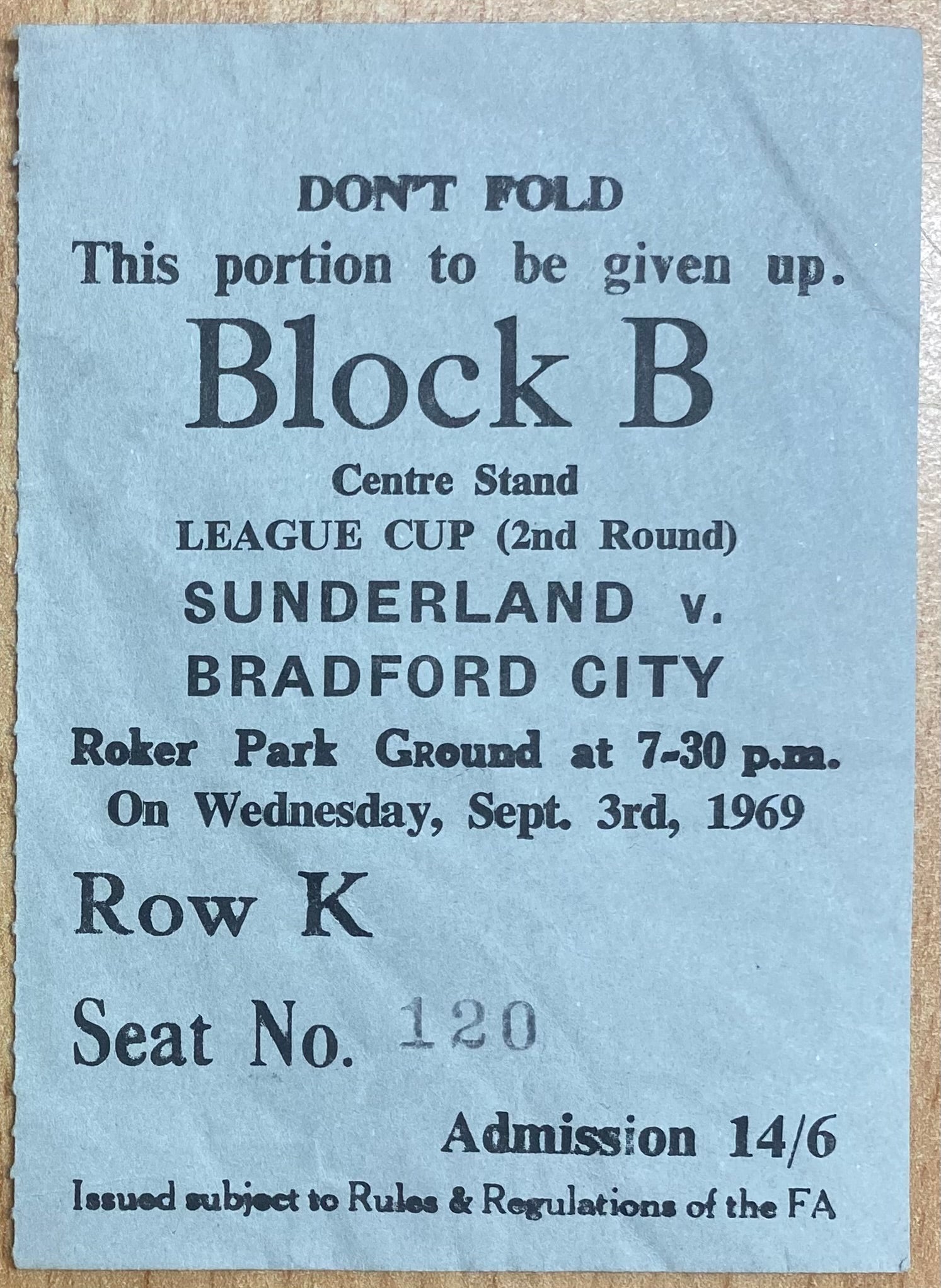1969/70 ORIGINAL LEAGUE CUP 2ND ROUND TICKET SUNDERLAND V BRADFORD CITY