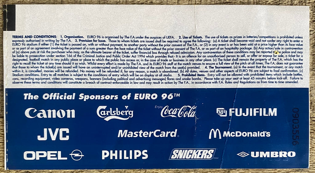 1996 ORIGINAL EUROPEAN CHAMPIONSHIPS EURO 96 THE FINAL TICKET CZECH REPUBLIC V GERMANY @ WEMBLEY