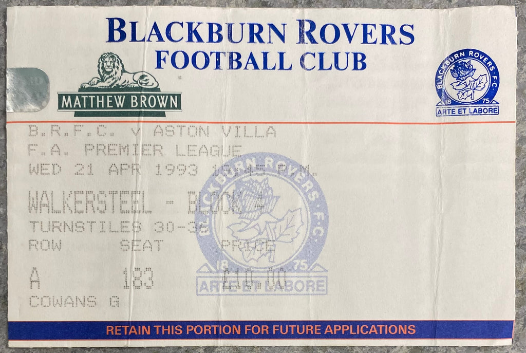 1992/93 ORIGINAL PREMIER LEAGUE TICKET BLACKBURN ROVERS V ASTON VILLA