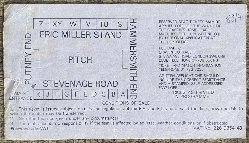 1983/84 ORIGINAL DIVISION 2 TICKET FULHAM V PORTSMOUTH