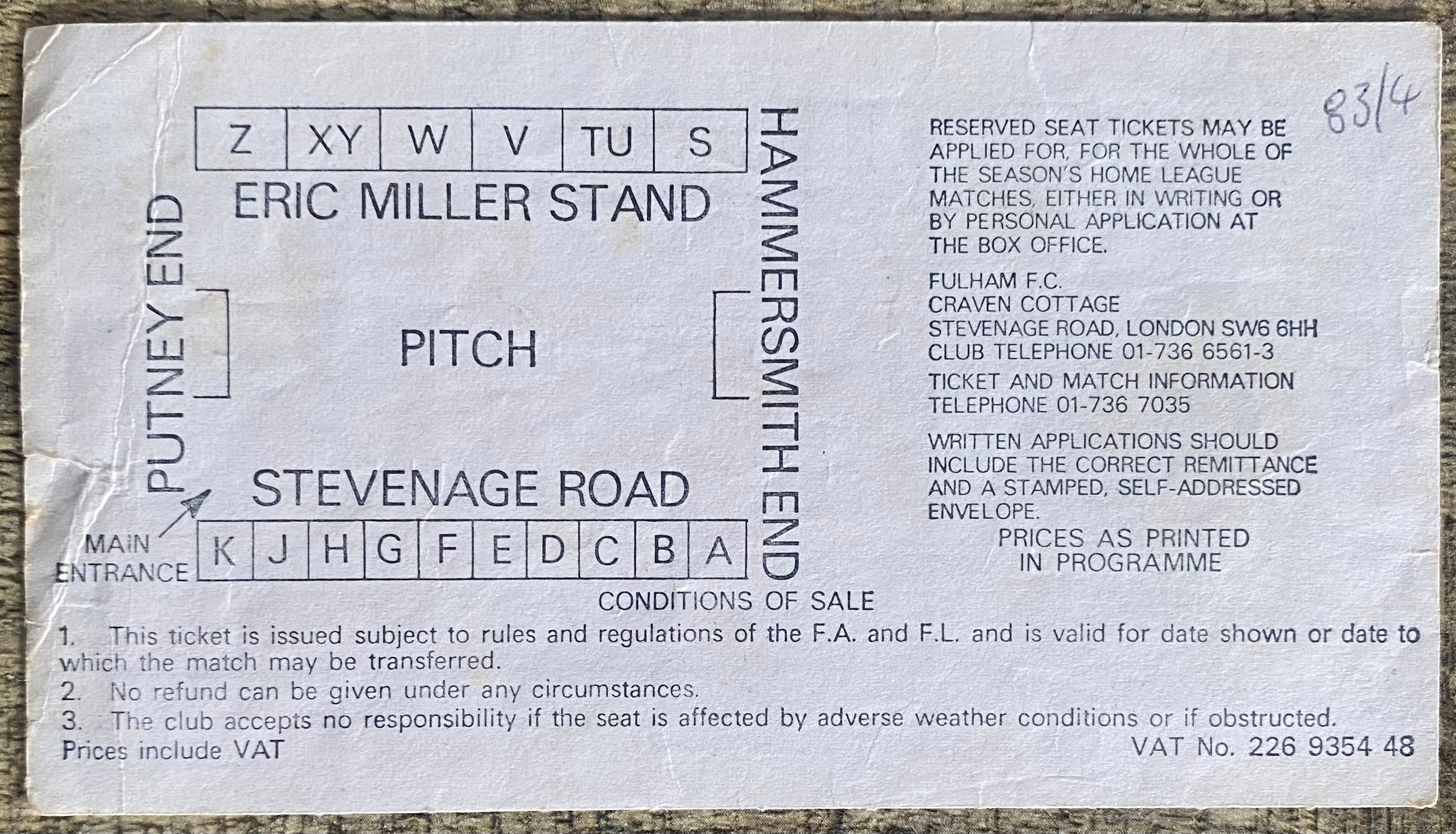 1983/84 ORIGINAL DIVISION 2 TICKET FULHAM V PORTSMOUTH