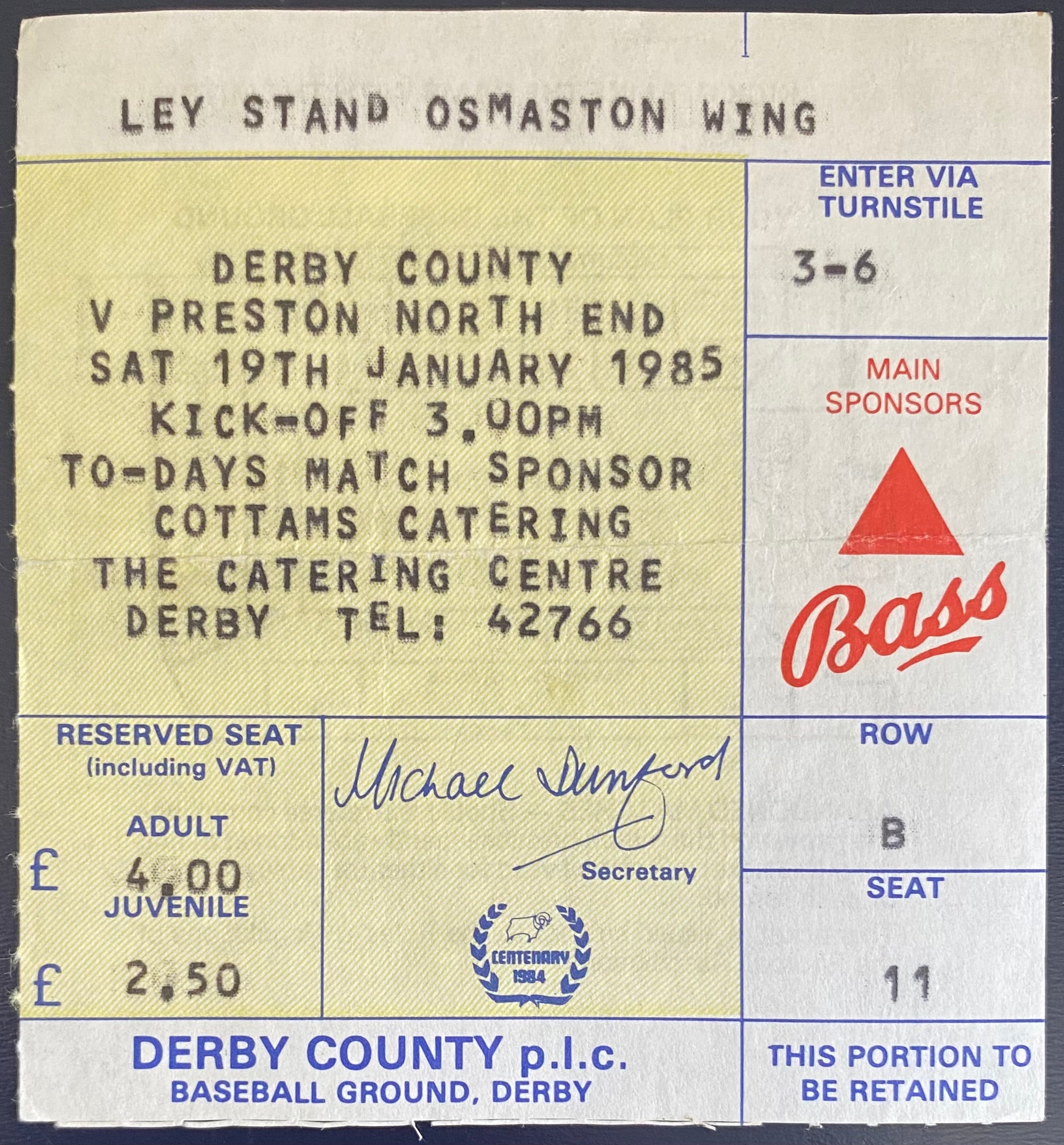 1984/85 ORIGINAL DIVISION 3 TICKET DERBY COUNTY V PRESTON NORTH END