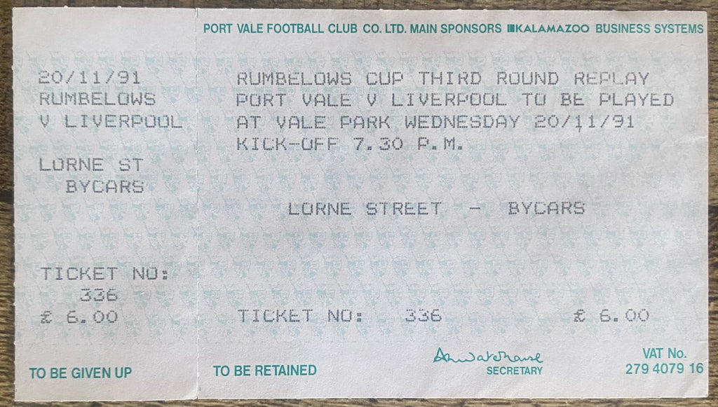1991/92 ORIGINAL RUMBELOWS CUP 3RD ROUND  UNUSED TICKET PORT VALE V LIVERPOOL