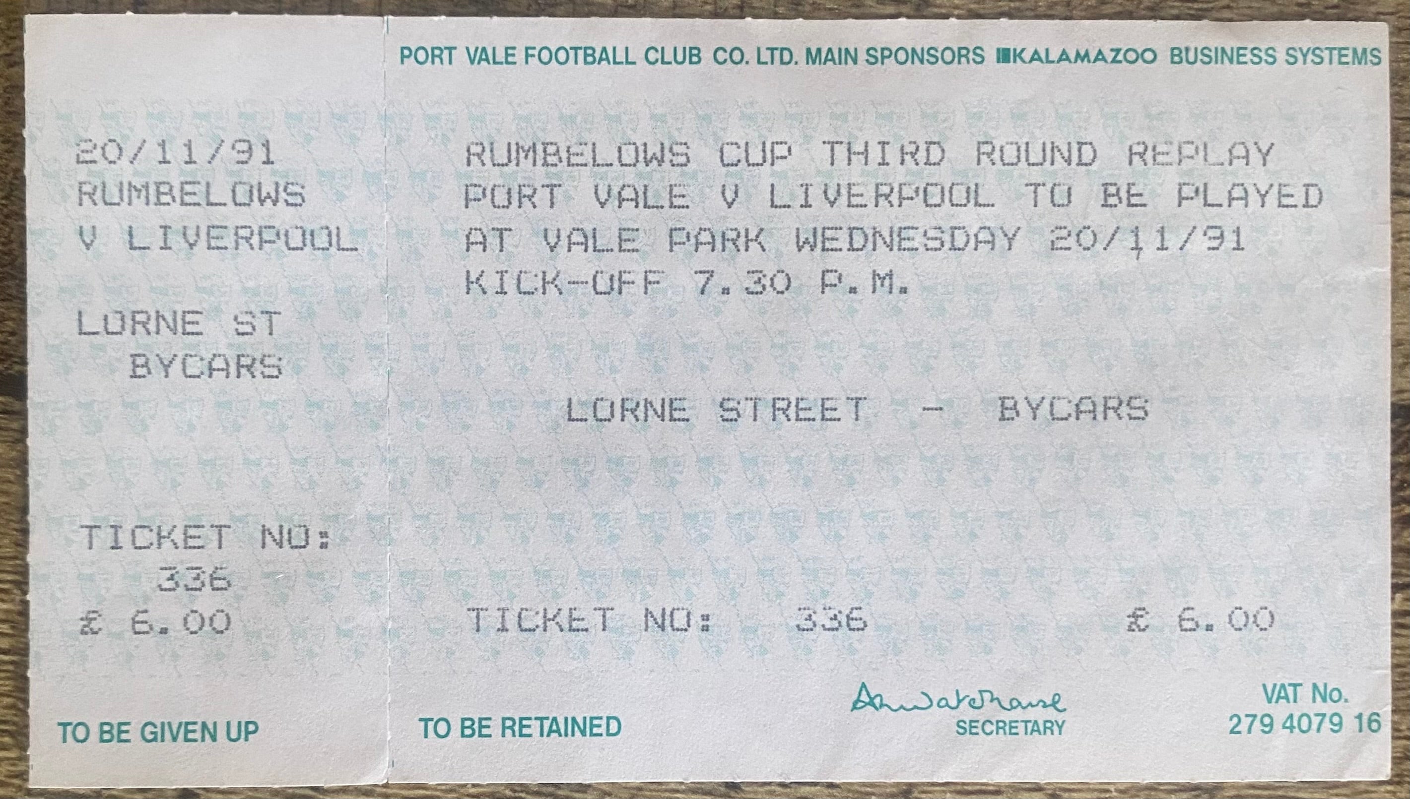 1991/92 ORIGINAL RUMBELOWS CUP 3RD ROUND  UNUSED TICKET PORT VALE V LIVERPOOL
