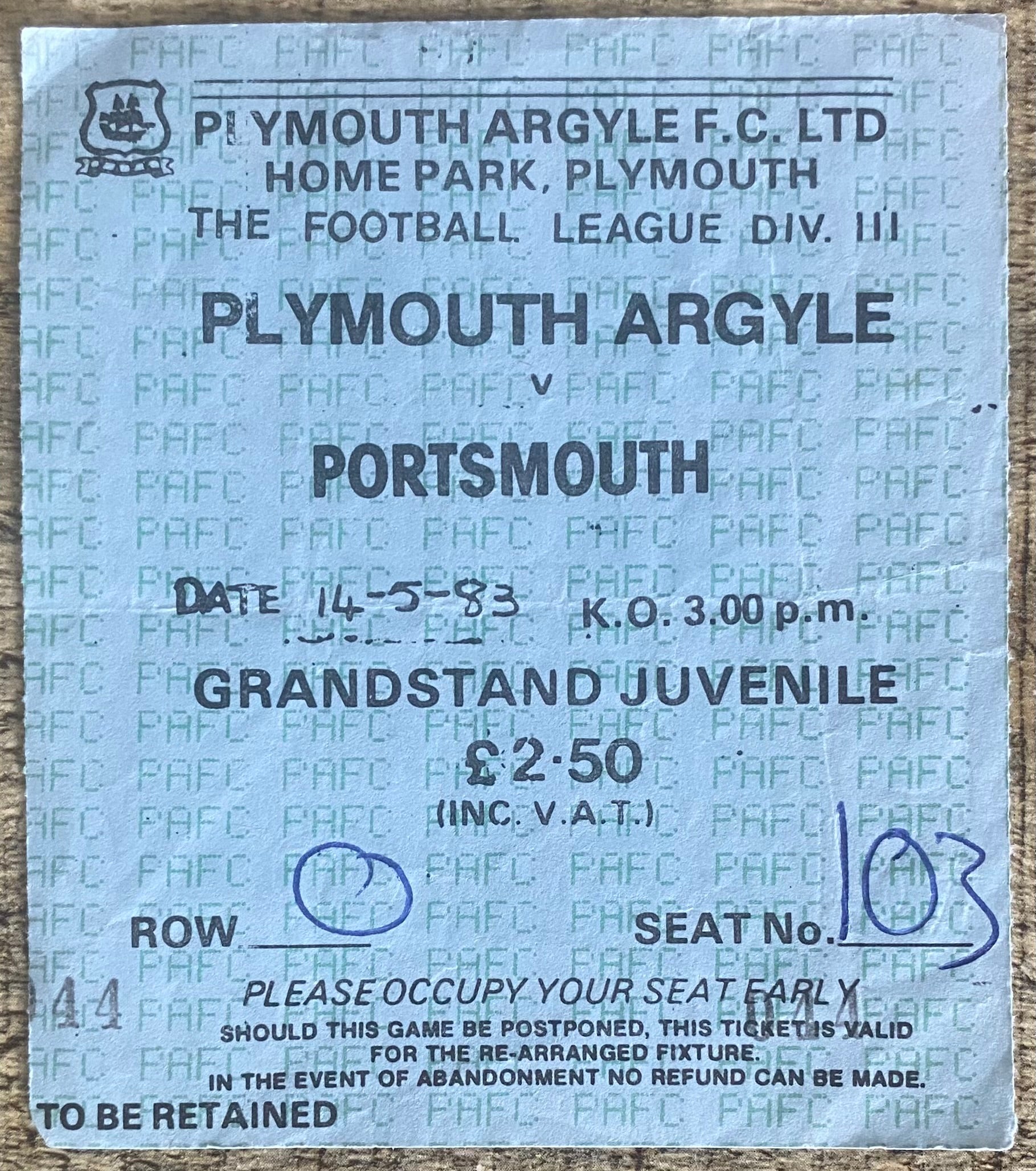 1982/83 ORIGINAL DIVISION 3 TICKET PLYMOUTH ARGYLE V PORTSMOUTH