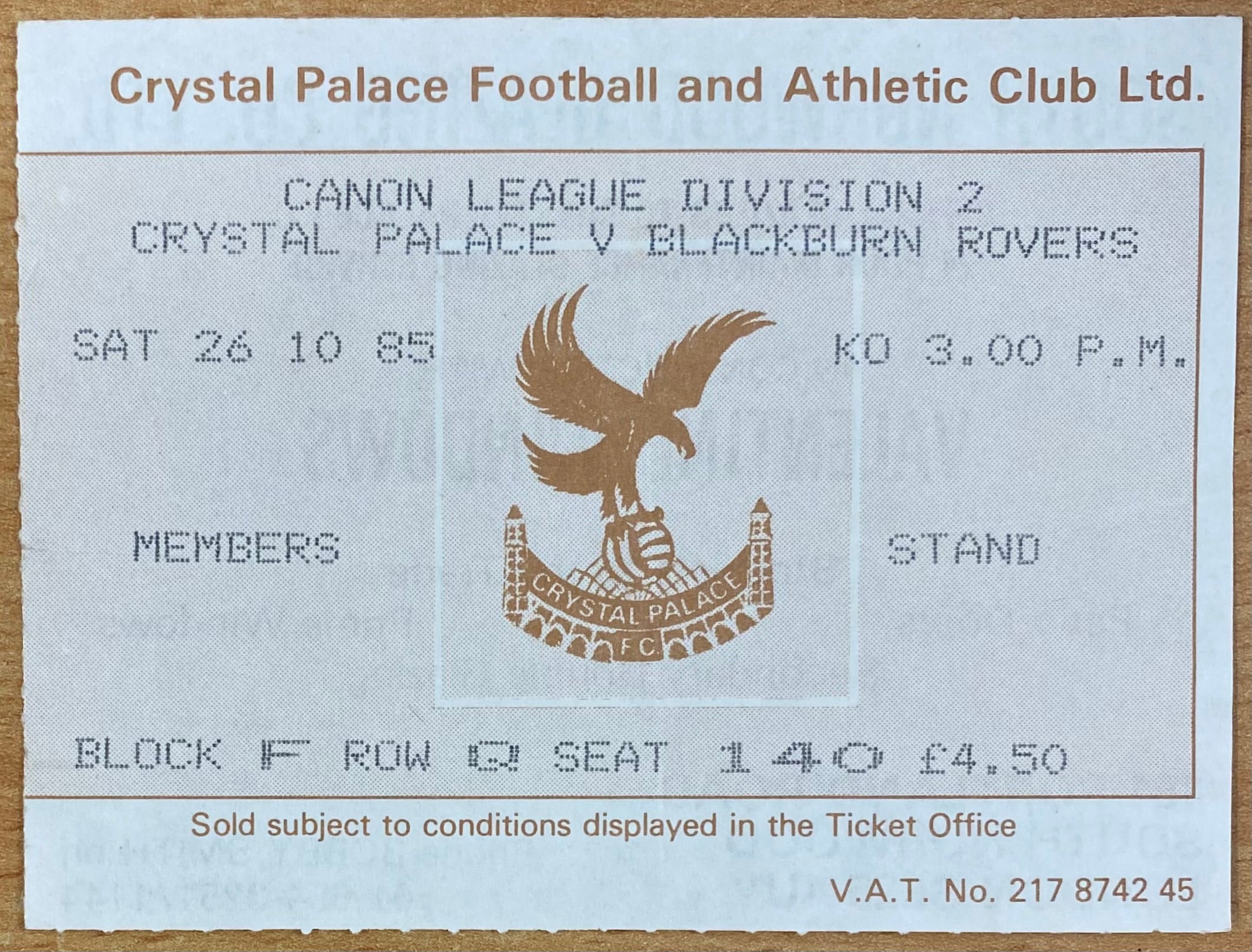 1985/86 ORIGINAL DIVISION 2 TICKET CRYSTAL PALACE V BLACKBURN ROVERS