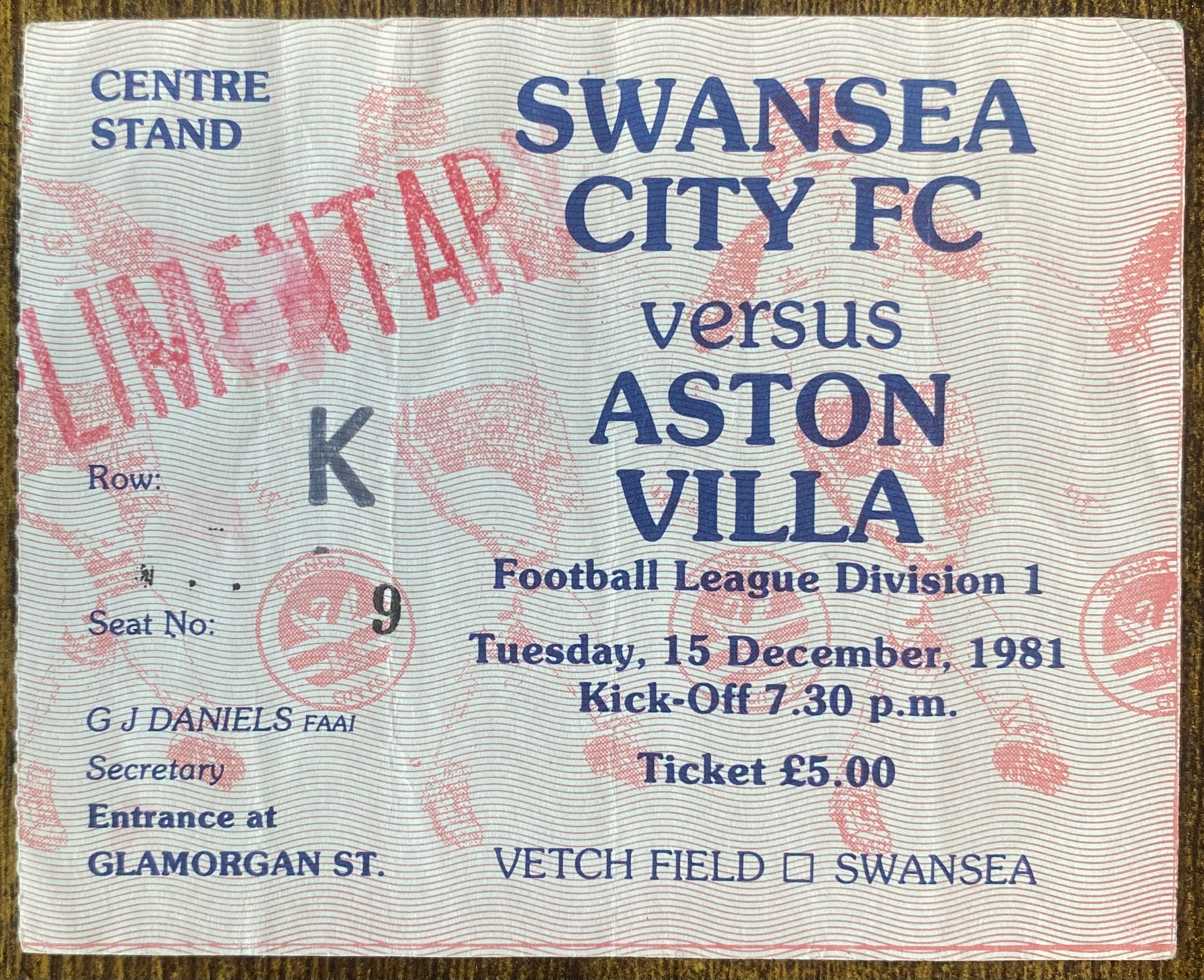 1981/82 ORIGINAL DIVISION 1 TICKET SWANSEA CITY V ASTON VILLA