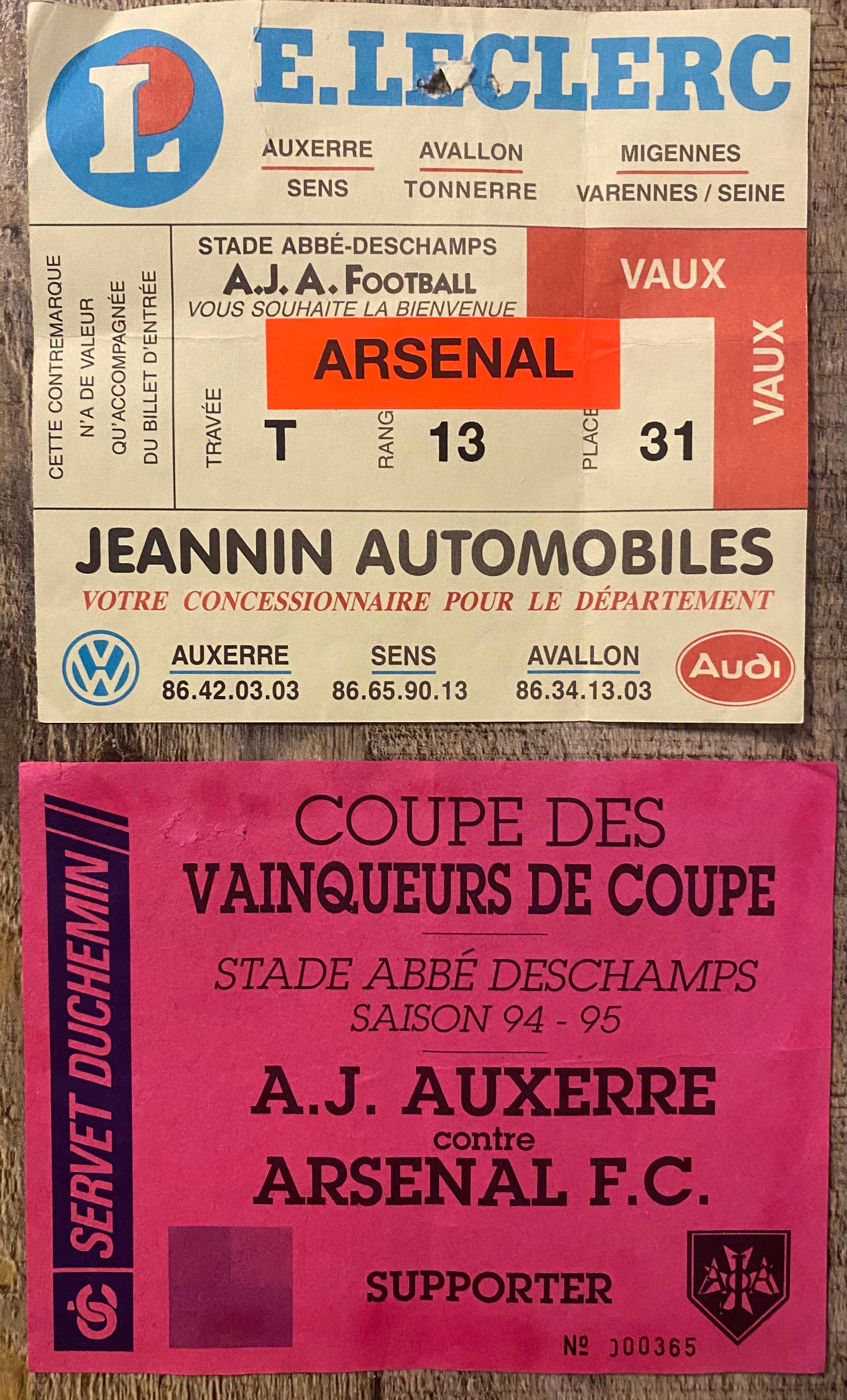 1994/95 ORIGINAL EUROPEAN CUP WINNERS CUP QUARTER FINAL 2ND LEG TICKETS AUXERRE V ARSENAL