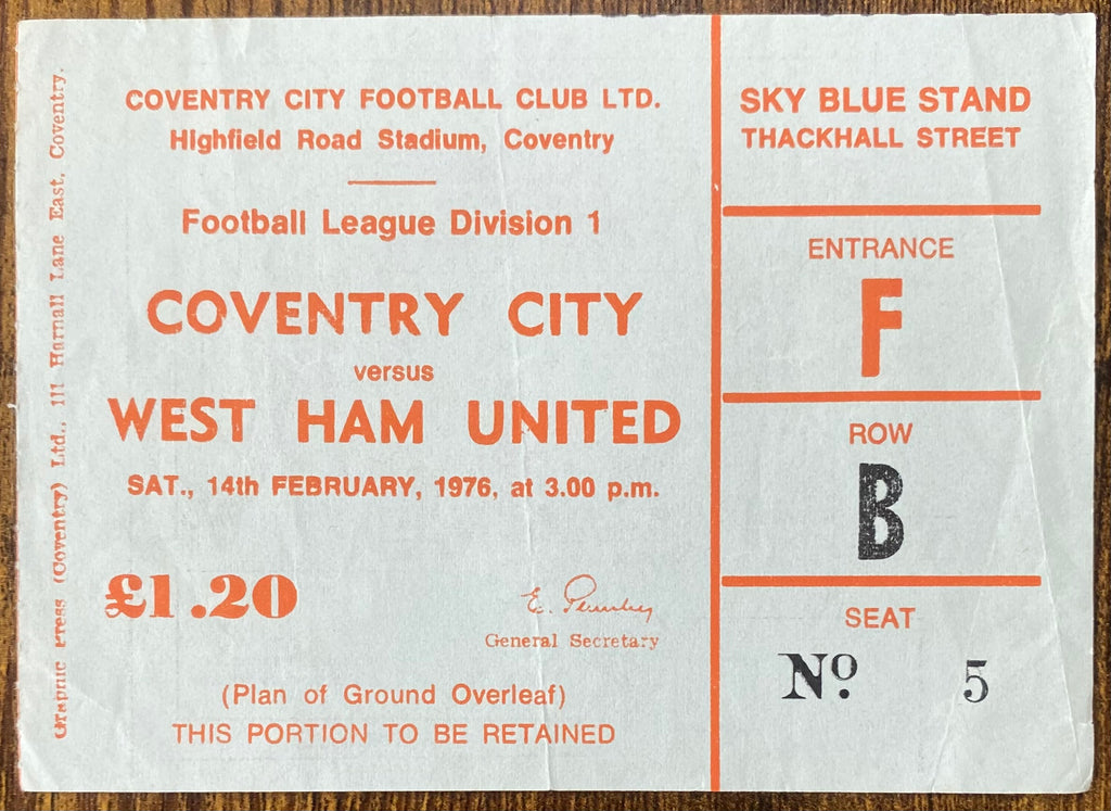 1975/76 ORIGINAL DIVISION 1 TICKET COVENTRY CITY V WEST HAM UNITED