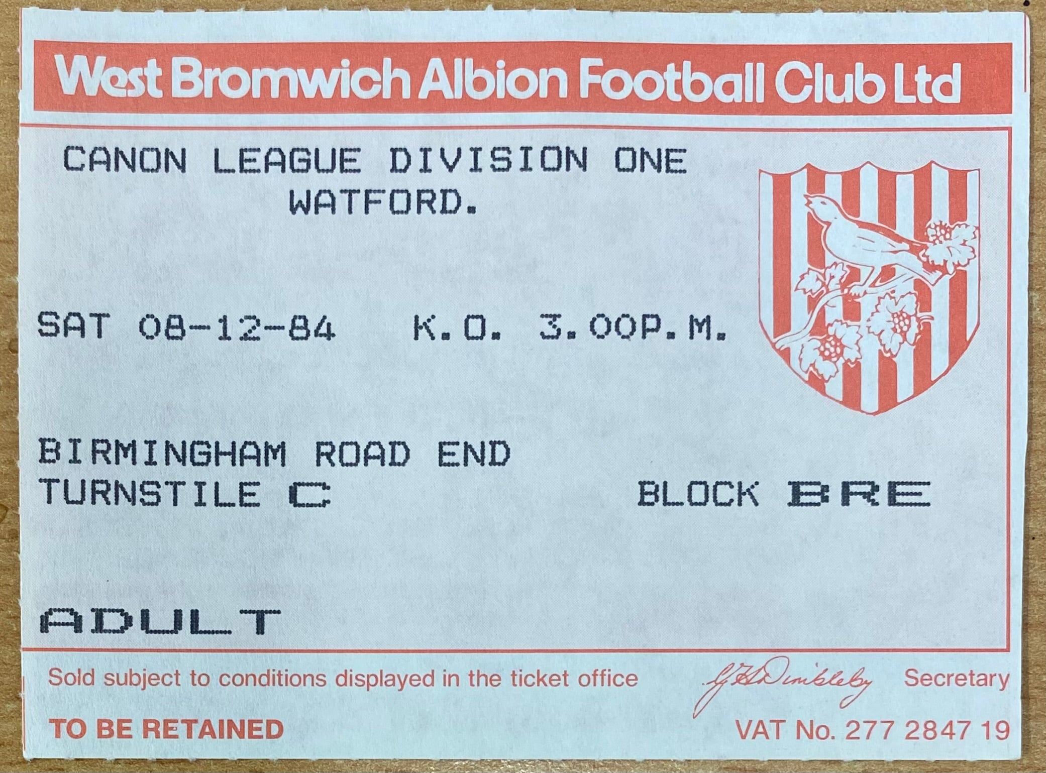 1984/85 ORIGINAL DIVISION 1 TICKET WEST BROMWICH ALBION V WATFORD