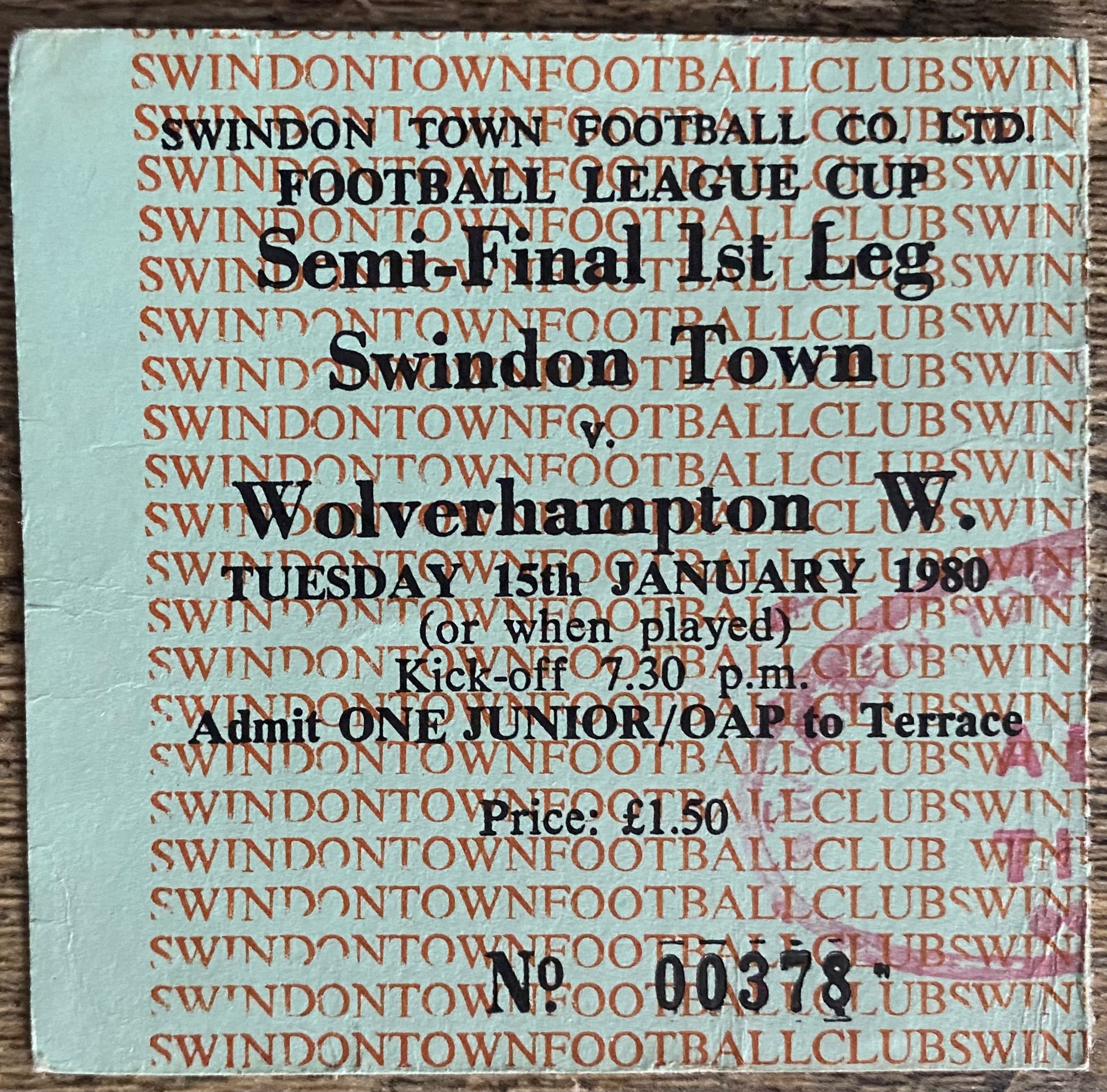 1979/80  ORIGINAL LEAGUE CUP SEMI FINAL 1ST LEG  TICKET SWINDON TOWN V WOLVERHAMPTON WANDERERS